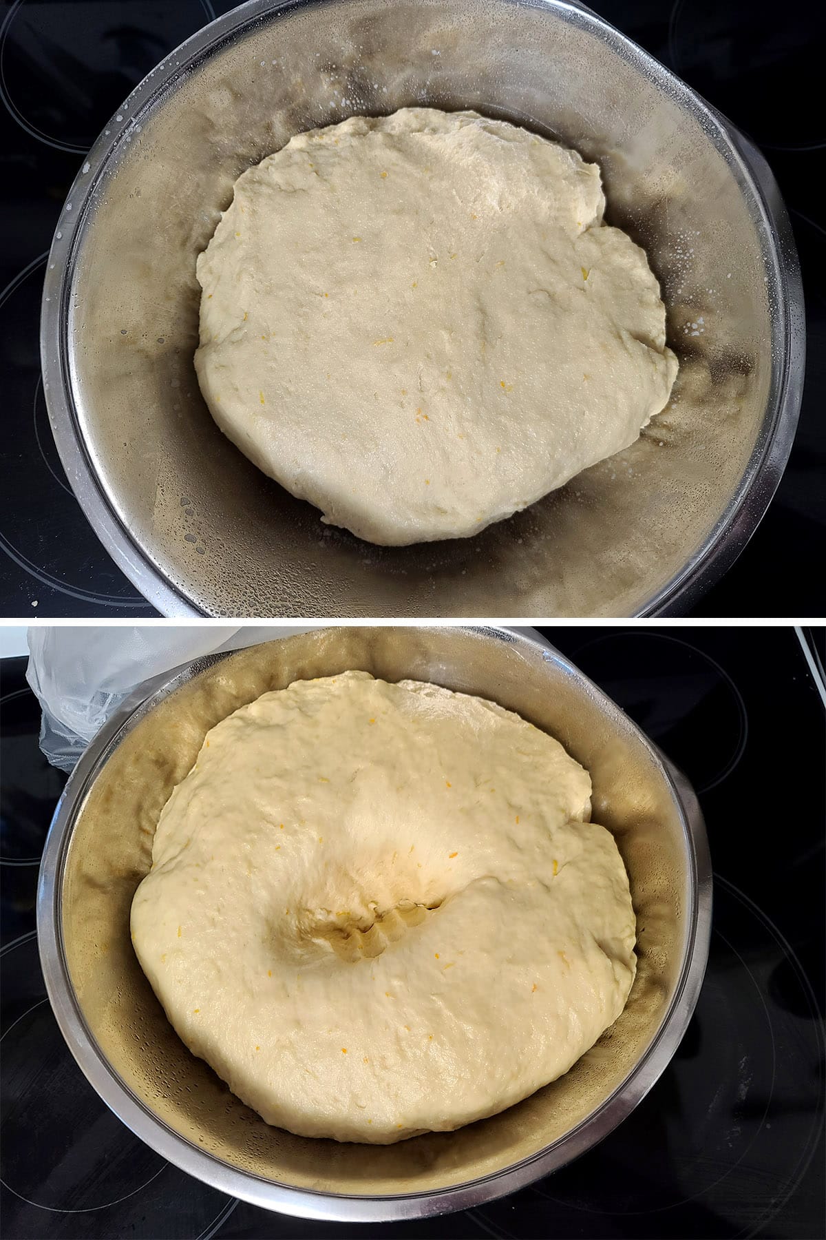 A 2 part image showing the risen dough before and after being punched down in a large metal bowl.