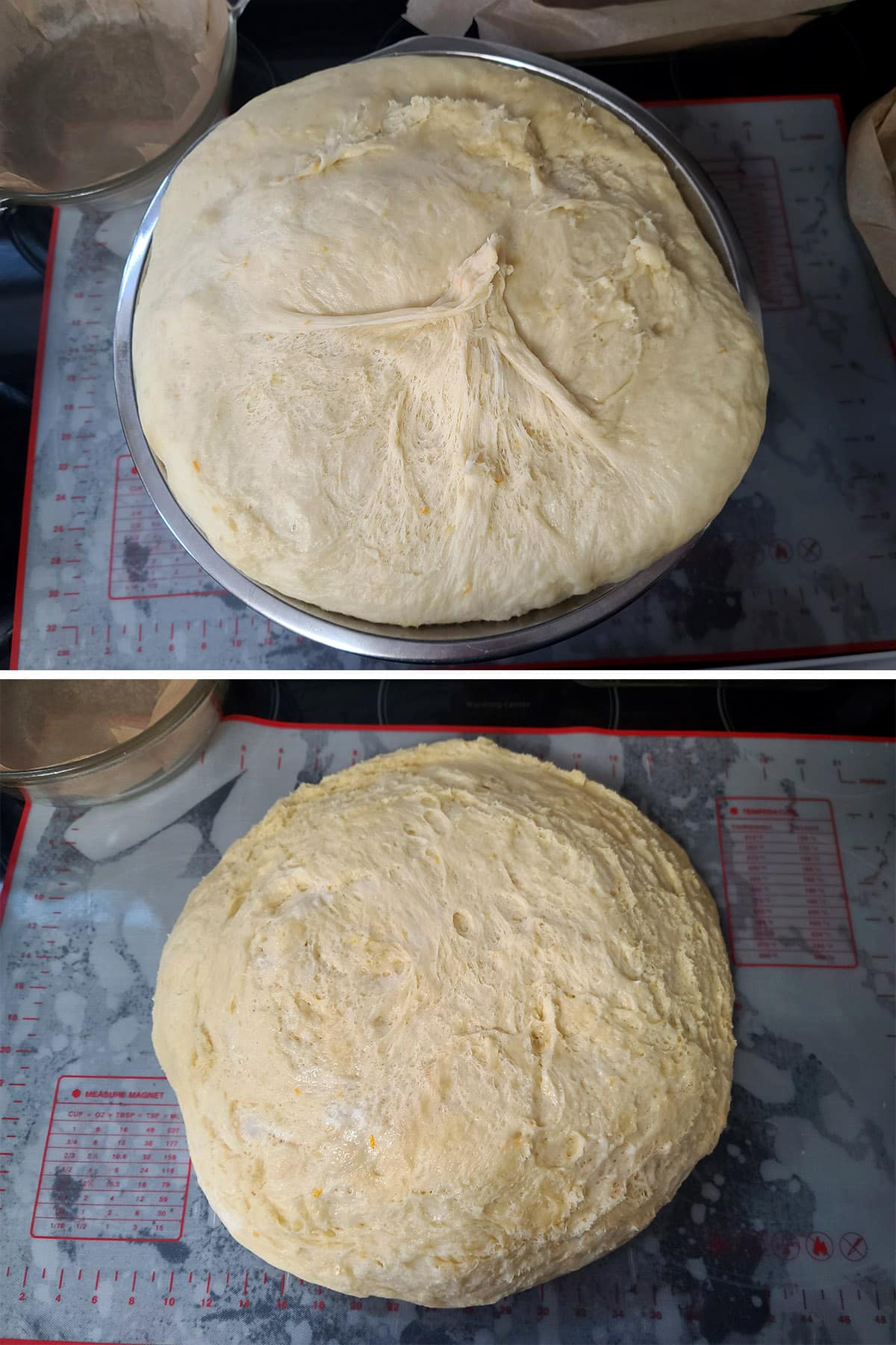 A 2 part image showing the dough almost overflowing the large metal bowl, the dumped out on the work surface.