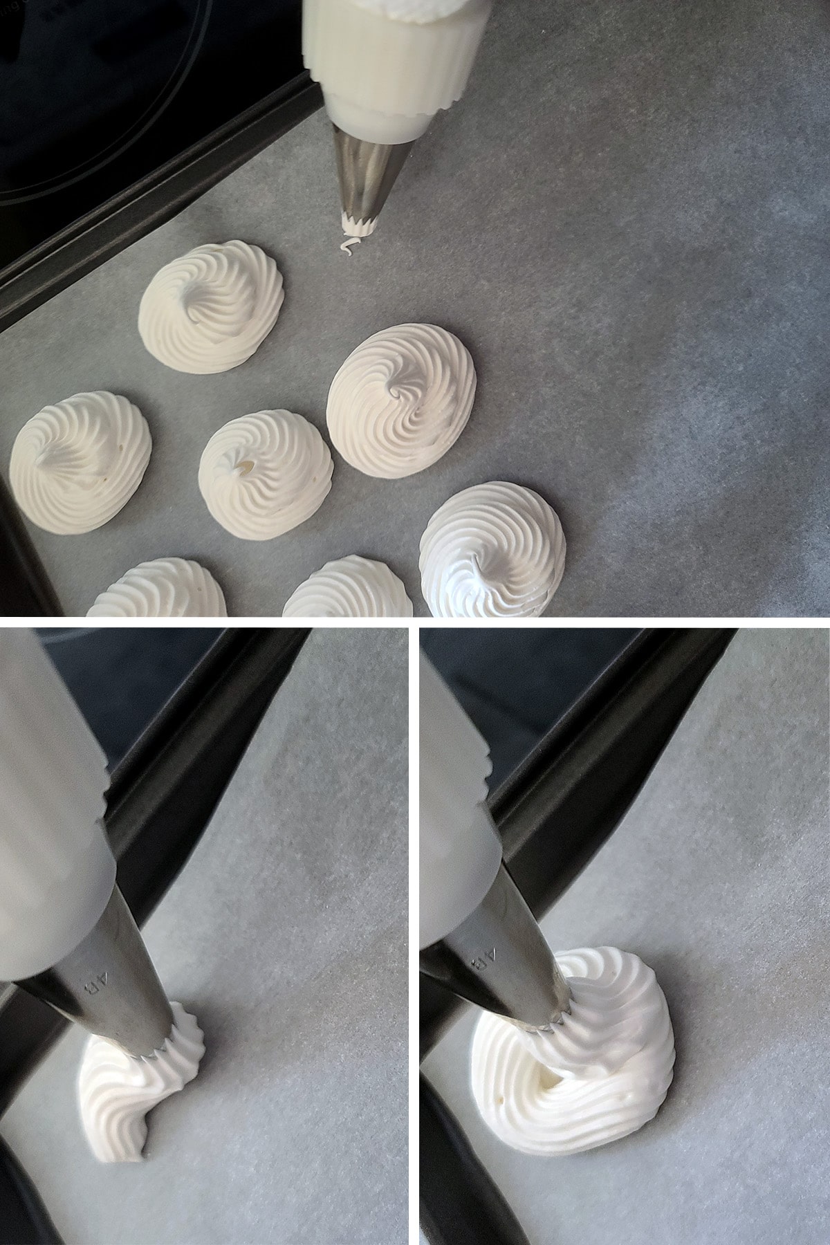 A 3 part image showing swirls of meringue being piped on parchment lined baking sheets.