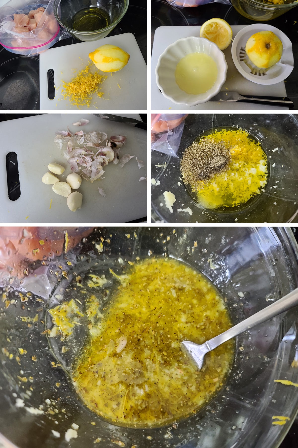 A 5 part image showing the souvlaki marinade being made.