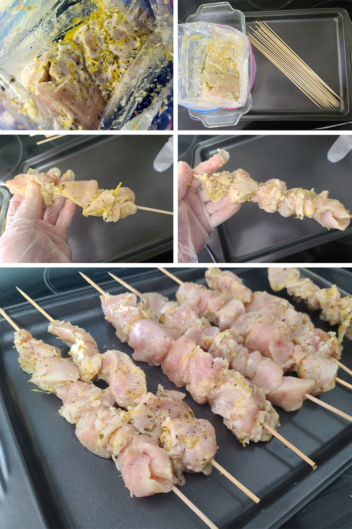 A 5 part image showing chicken being threaded onto bamboo skewers and lined up on a baking sheet.