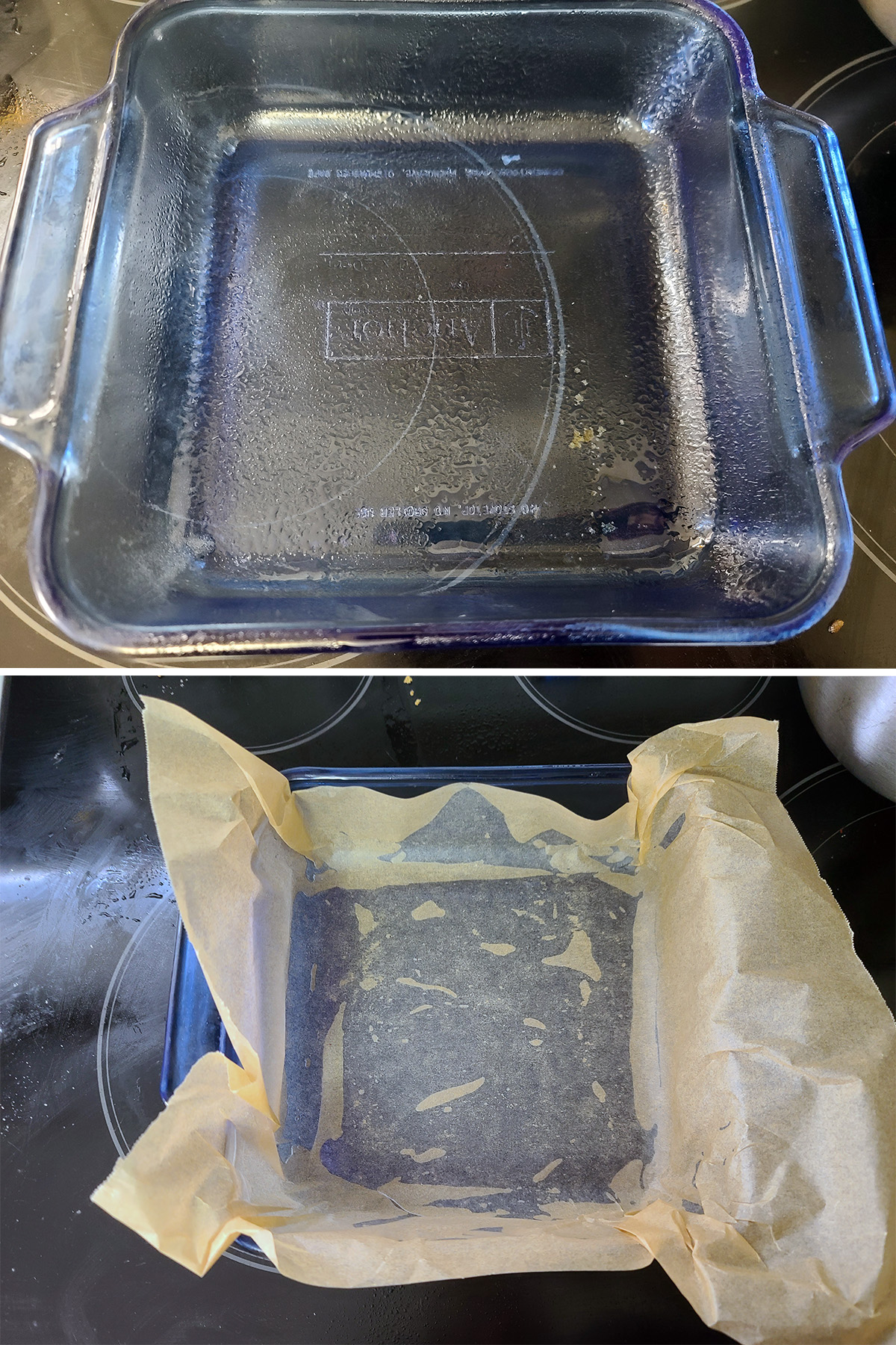 A two part image showing a square pan sprayed with pan spray, then lined with parchment.
