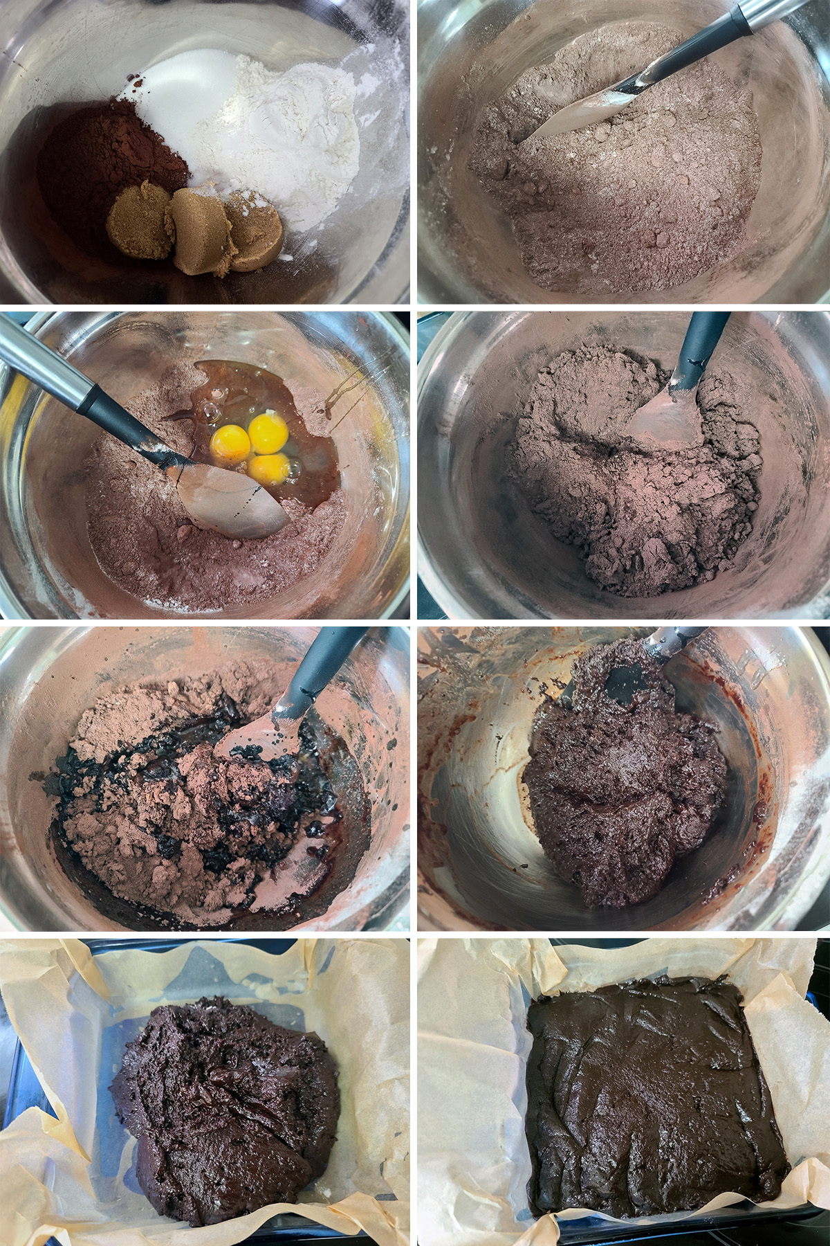 An 8 part image showing the brownie batter being mixed and spread in a baking pan.