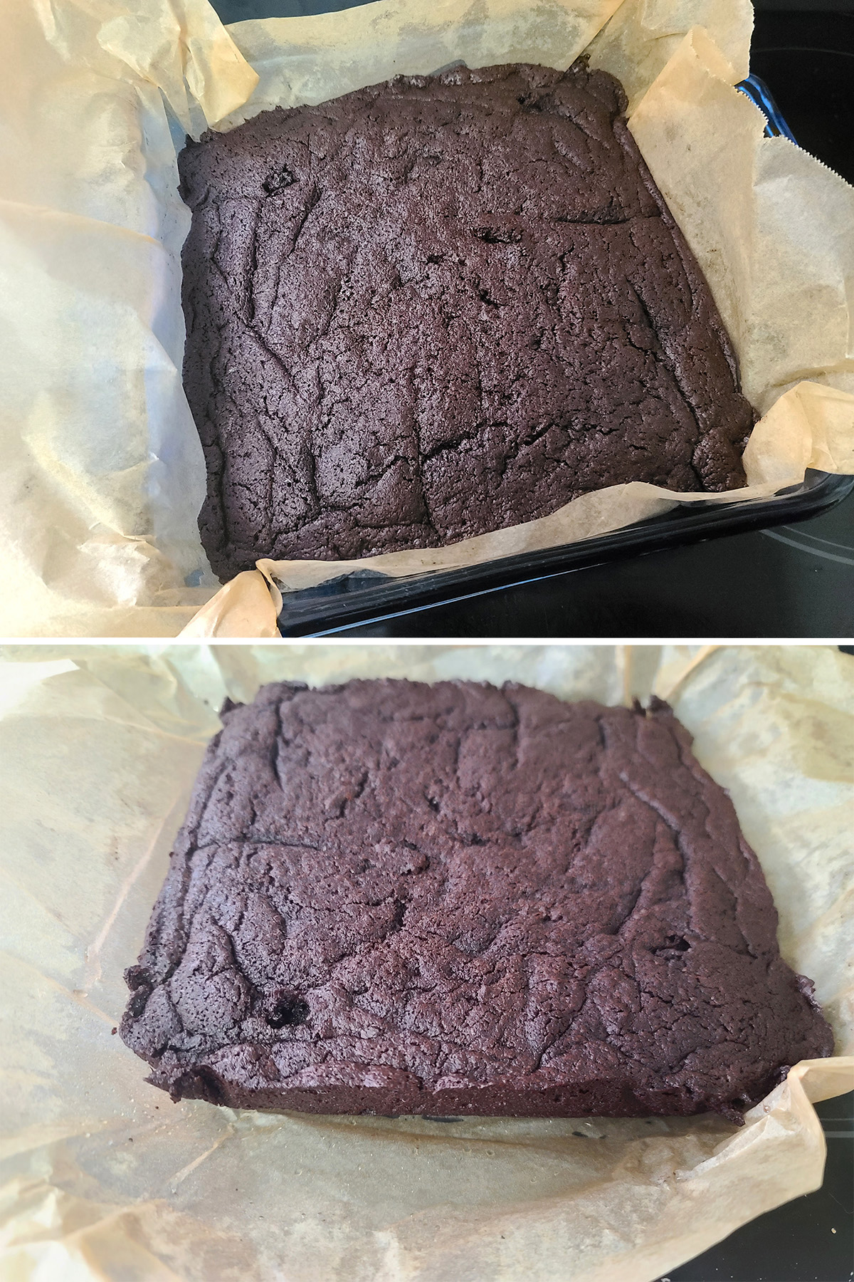 The baked brownie slab, in the pan and removed from the pan.