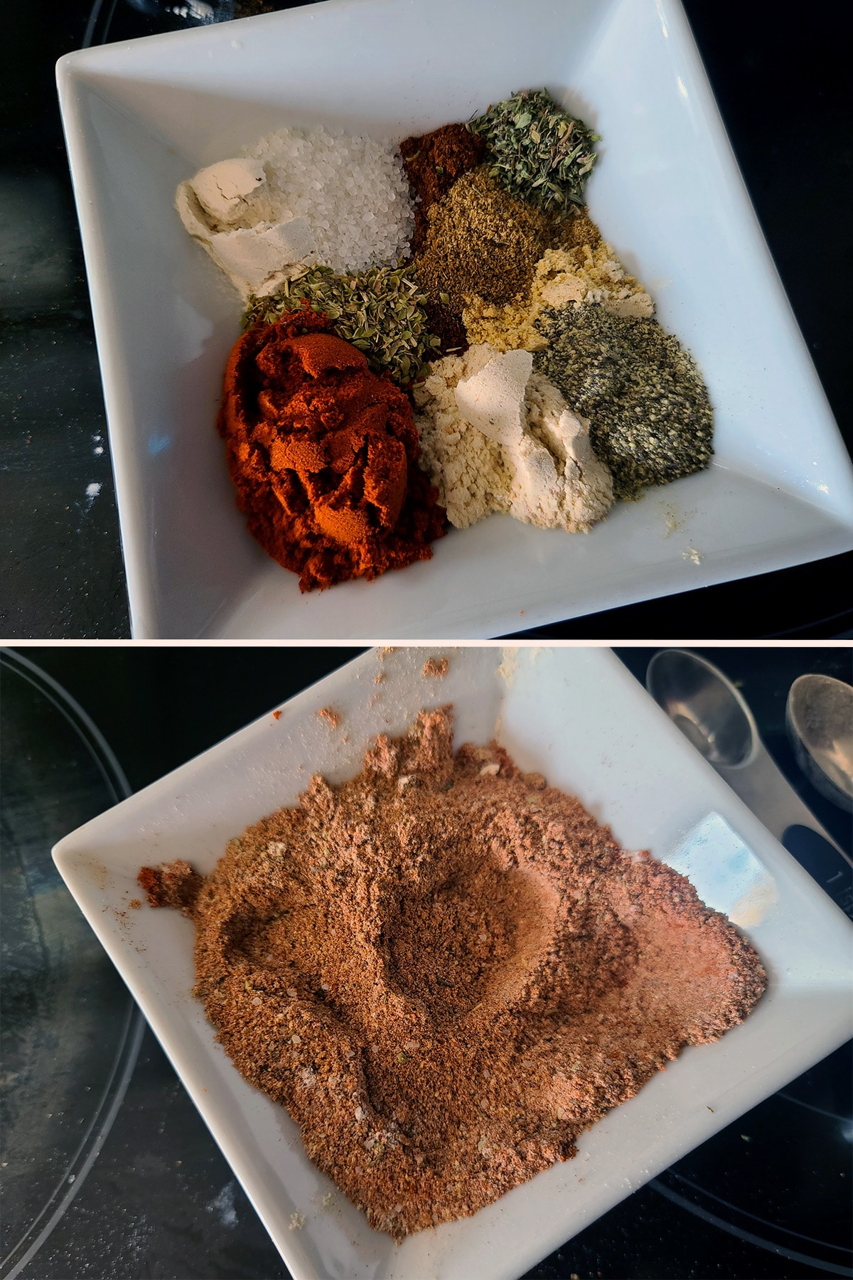 A two part image showing the ingredients for a rub, before and after being mixed in a small bowl.
