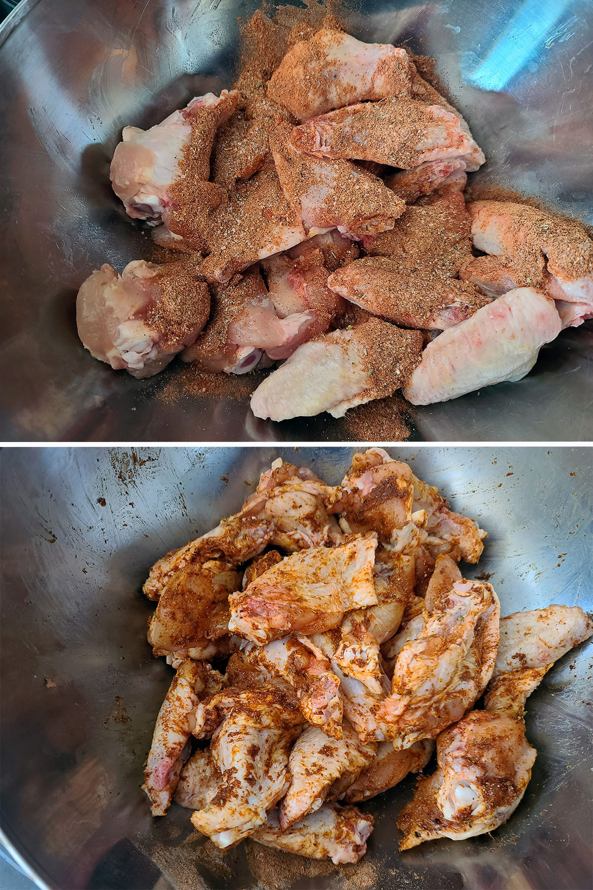 A bowl of raw chicken wings, before and after being coated in rub.