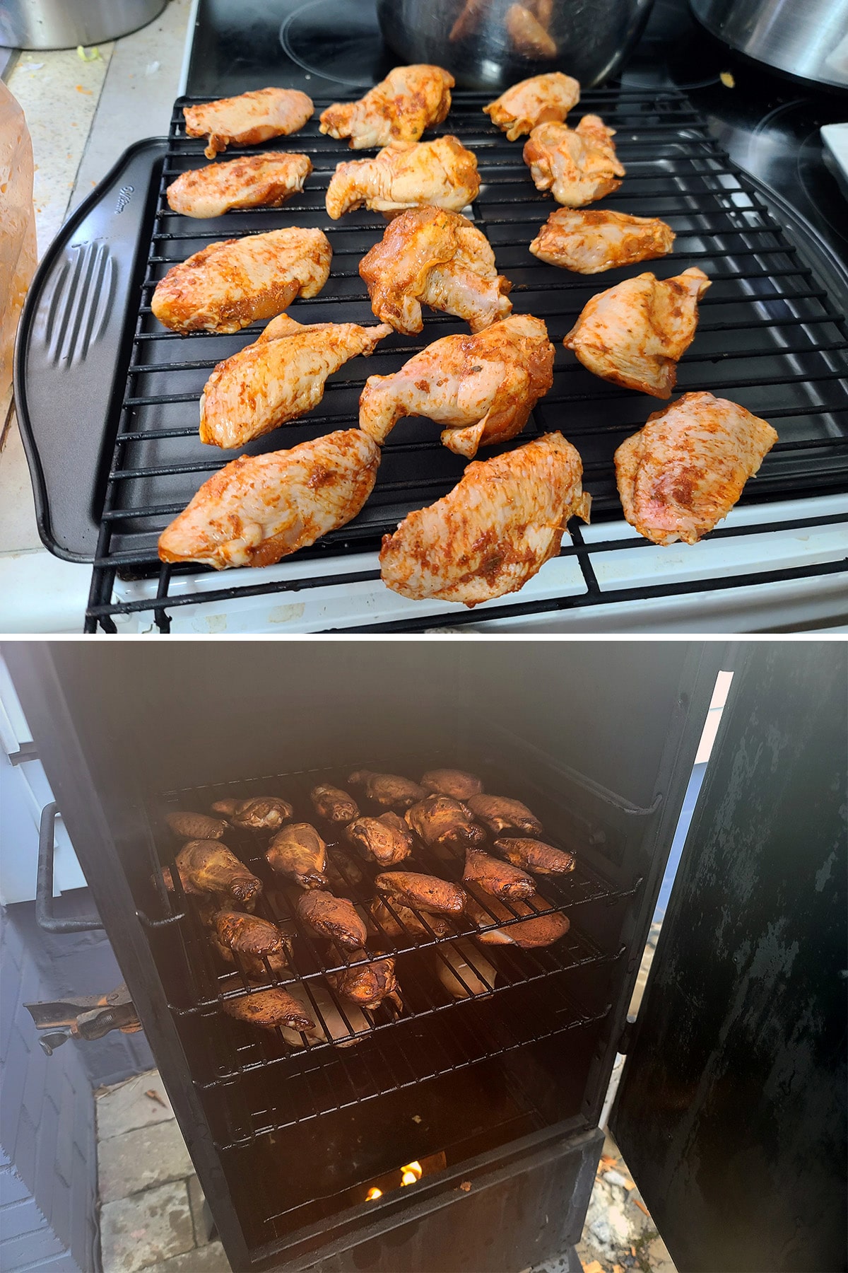 Raw chicken wings arranged on a smoking rack, then put in a smoker.