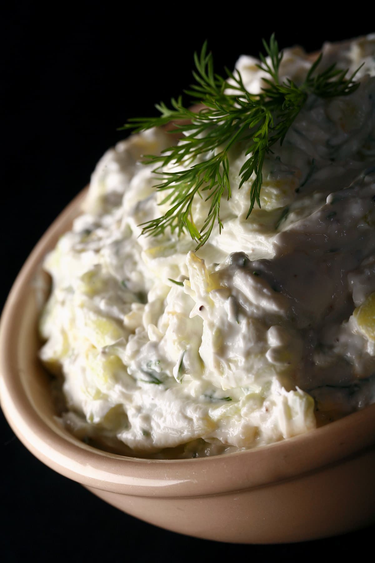 A bowl of Greek tzatziki dip, garnished with fresh dill.