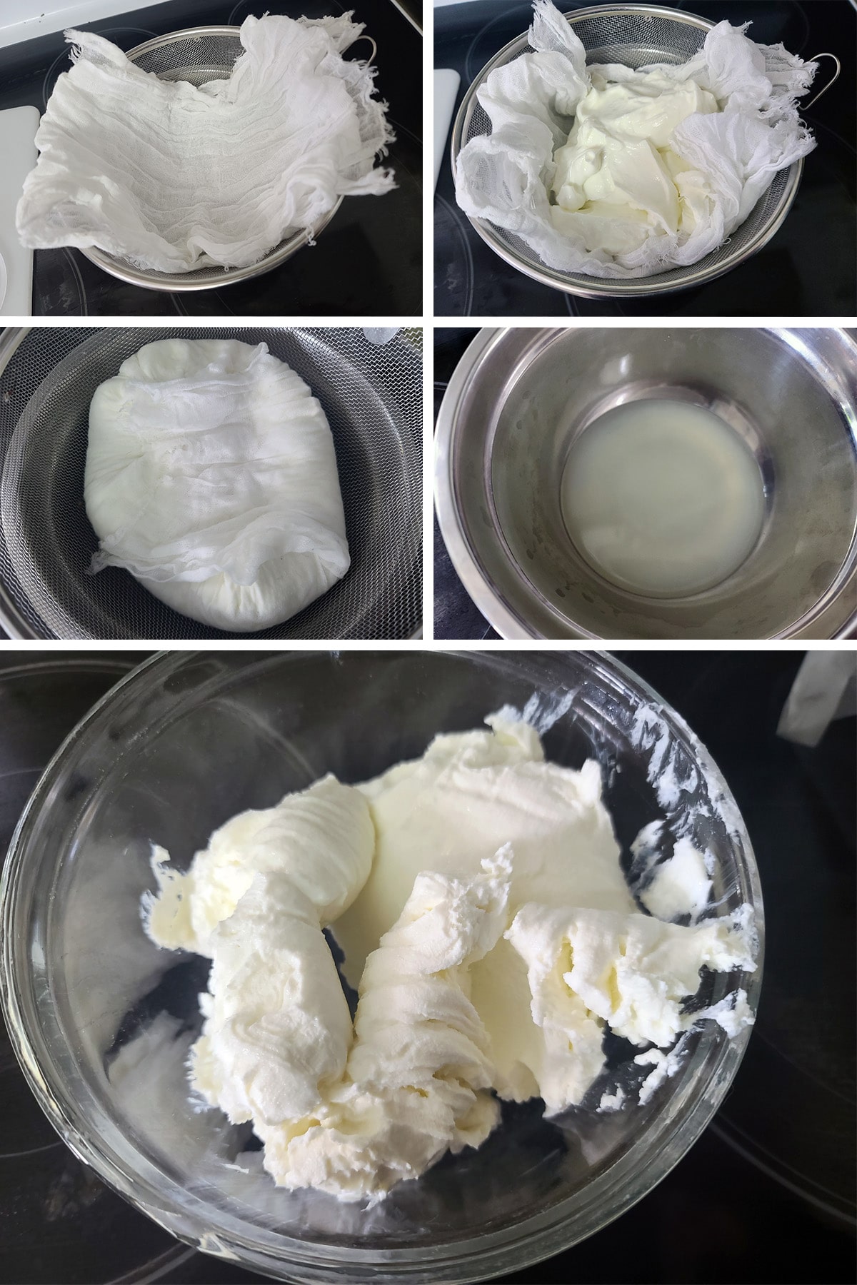 A 5 part image showing the yogurt being drained in cheese cloth.