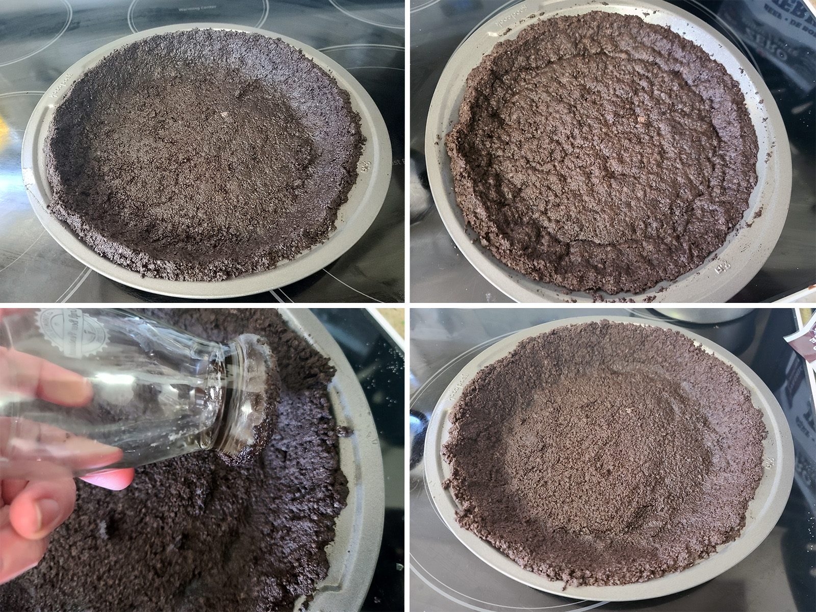 A 4 part image showing a baked oreo cookie crust before and after baking, and being pressed back into shape.
