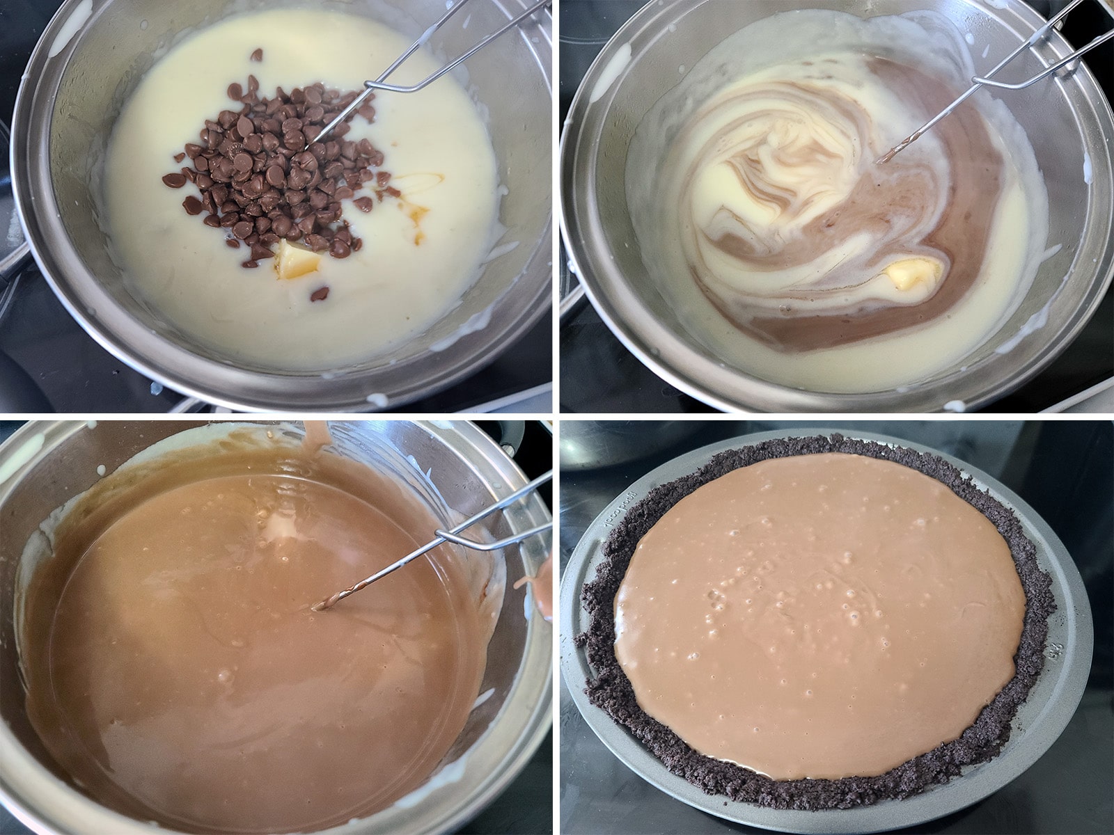 A 4 part image showing the chocolate being stirred into the no bake cream pie filling, and poured into the oreo cookie crust.