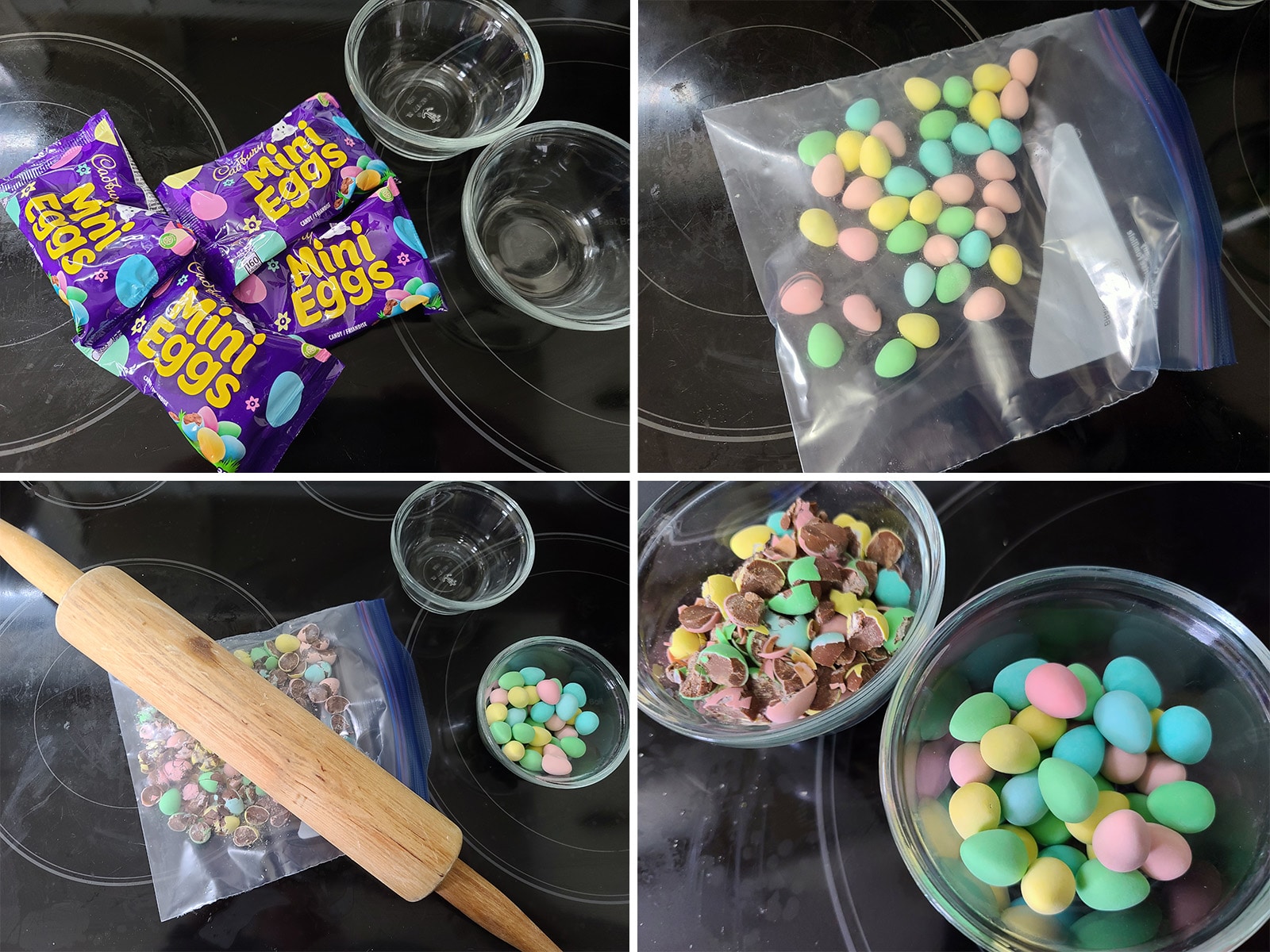 A 4 part image showing Cadbury mini eggs being crushed and put into small glass bowls.
