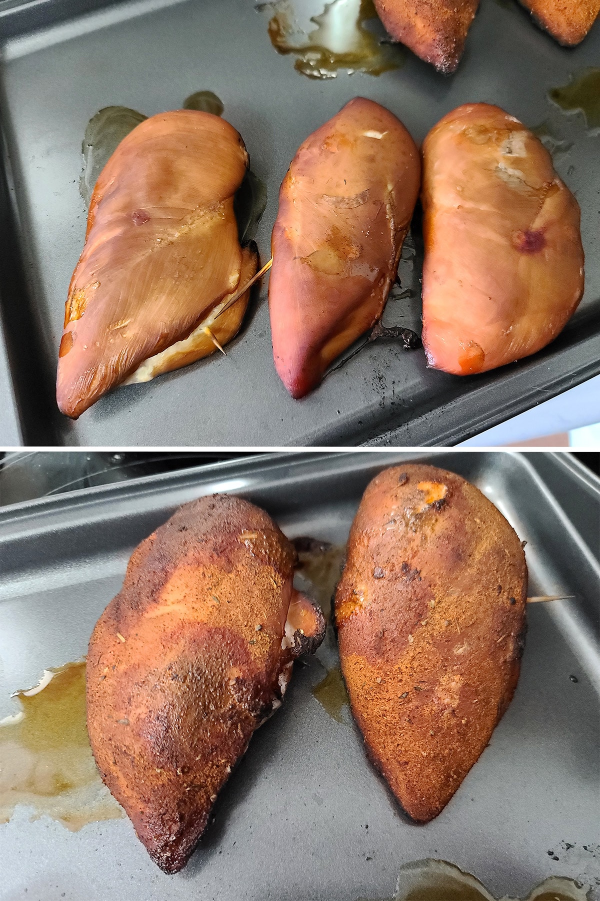 Several smoked chicken breasts, with and without a spice rub.