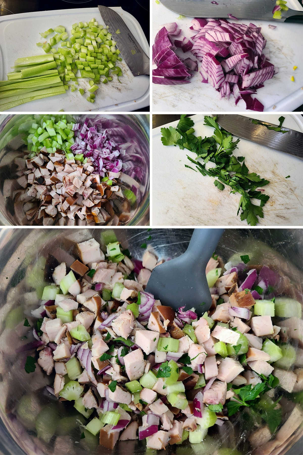 A 5 part image showing celery, onion, and parsley being chopped up and added to a bowl with the chicken.