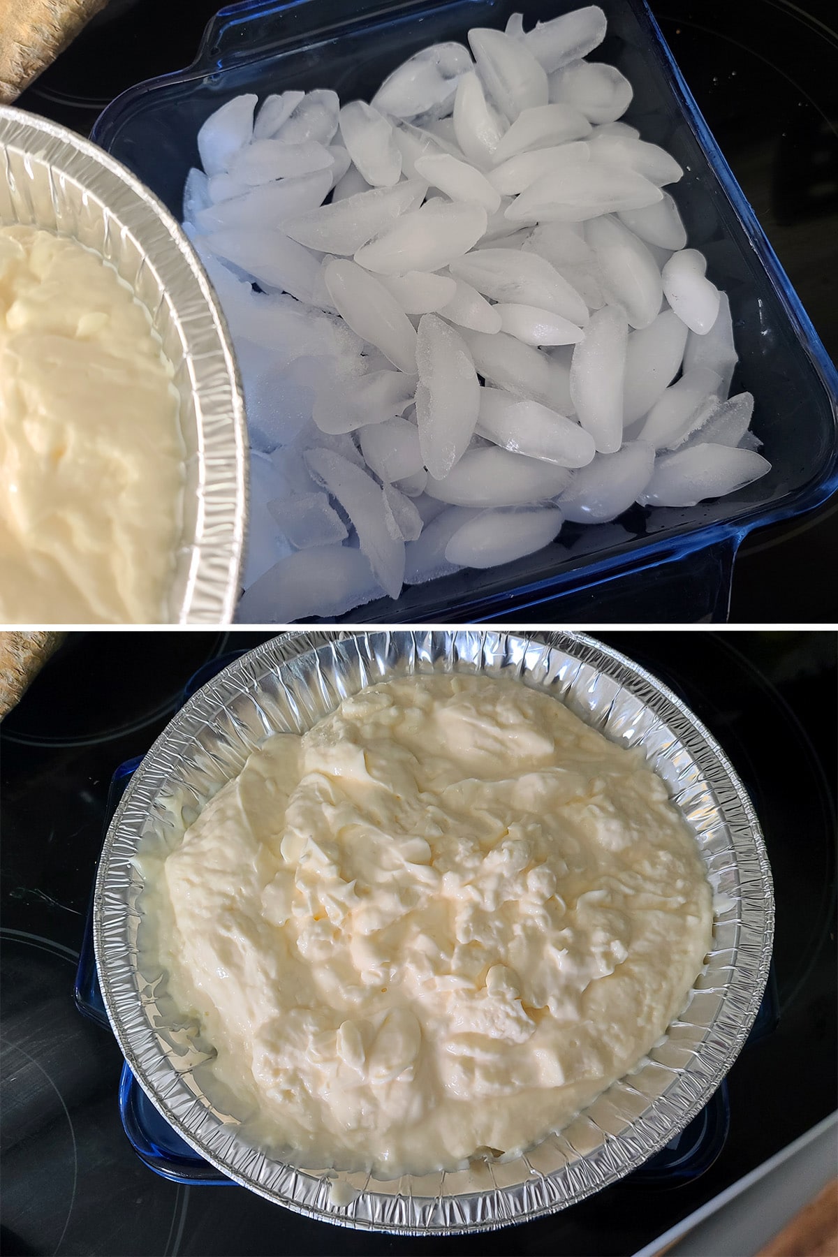 A pie pan of mayonnaise being placed on a pan of ice cubes.
