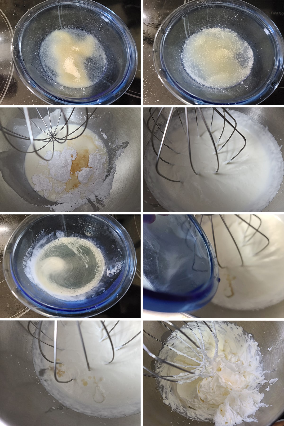 An 8 part image showing the steps to make stabilized whipped cream.