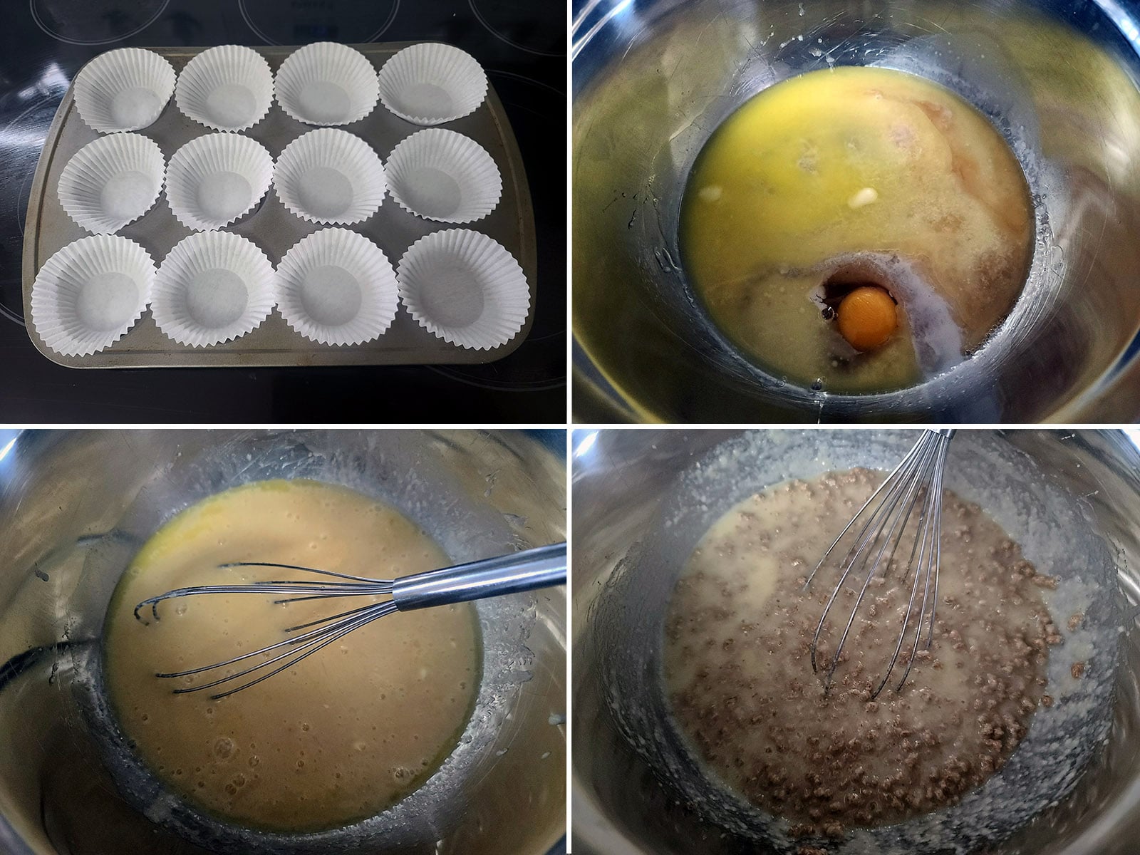 A 4 part image showing the muffin cups being lined and wet ingredients mixed with the All-Bran cereal.