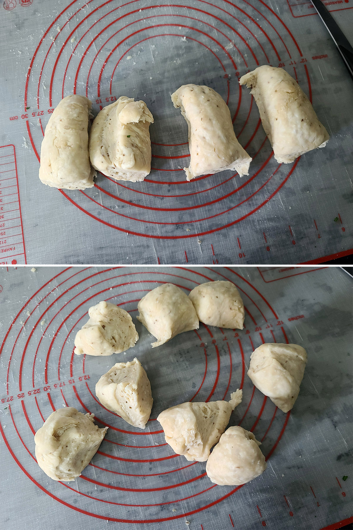 A 2 part image showing the dough divided into 4 pieces, then 8 pieces.