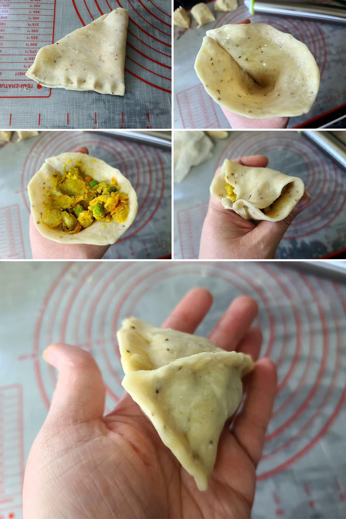 A 5 part image showing the piece of dough being formed into a cone, stuffed with potato filling, and sealed up into a pyramid shaped pastry.