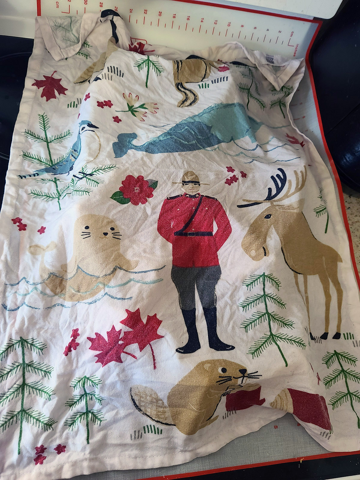 A damp cloth with Canadian imagery draped over the resting dumplings.