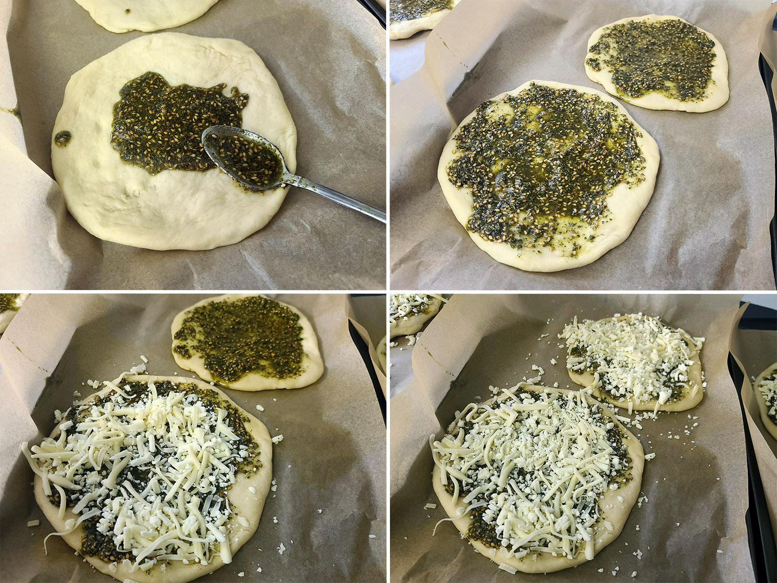 A 4 part image showing the za'atar oil being spread on the dough rounds and topped with the cheeses.