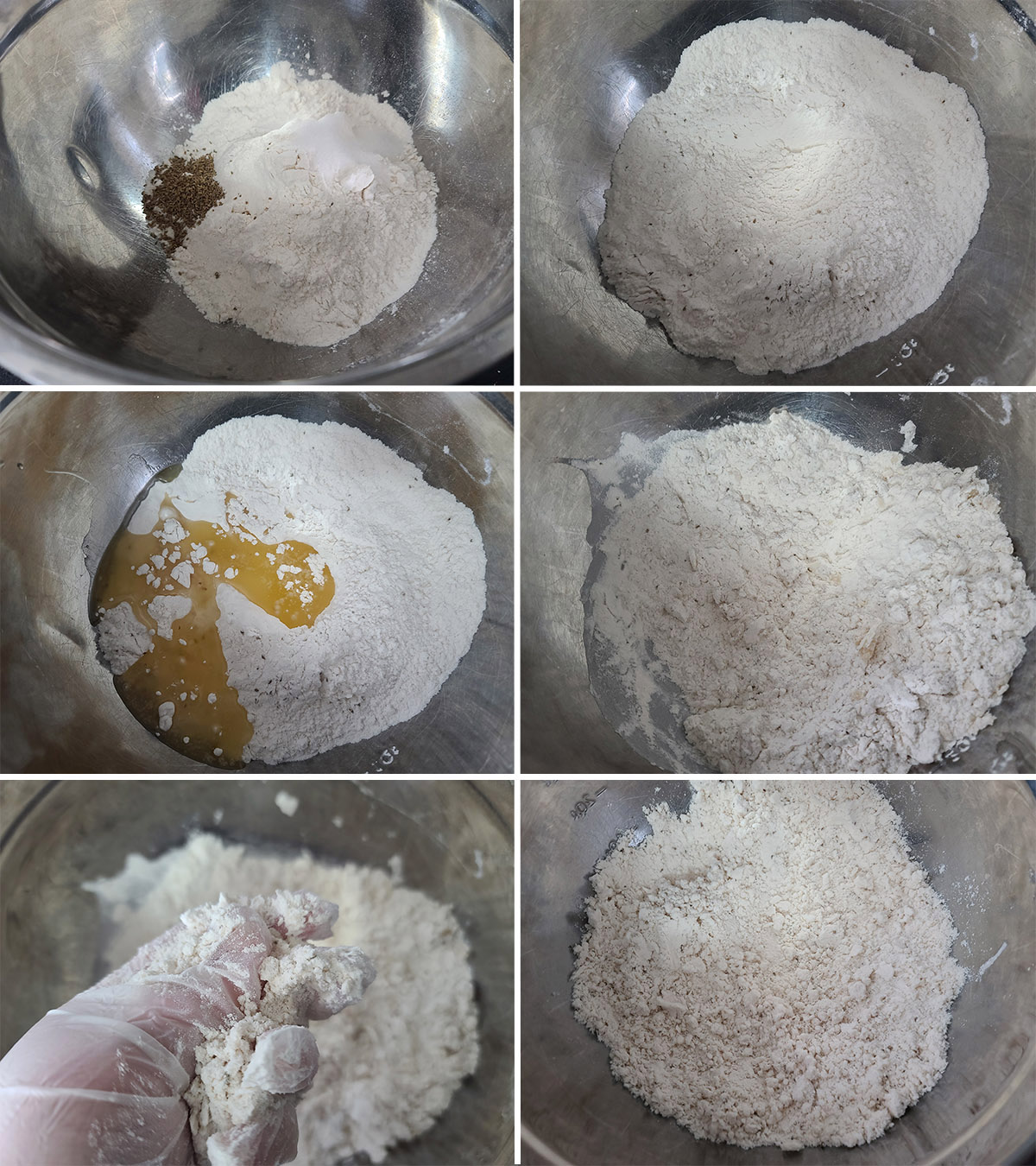 A 6 part image showing the dry ingredients being mixed, and the oil being worked into the flour mixture.