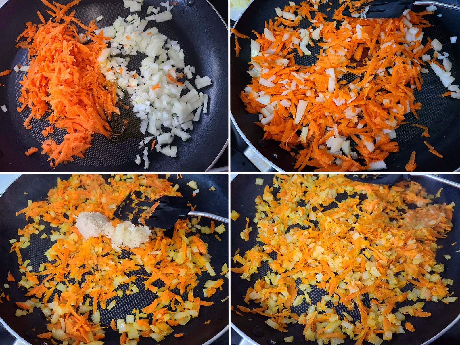 A 4 part image showing the carrots, onion, ginger, and garlic cooking in a pan.