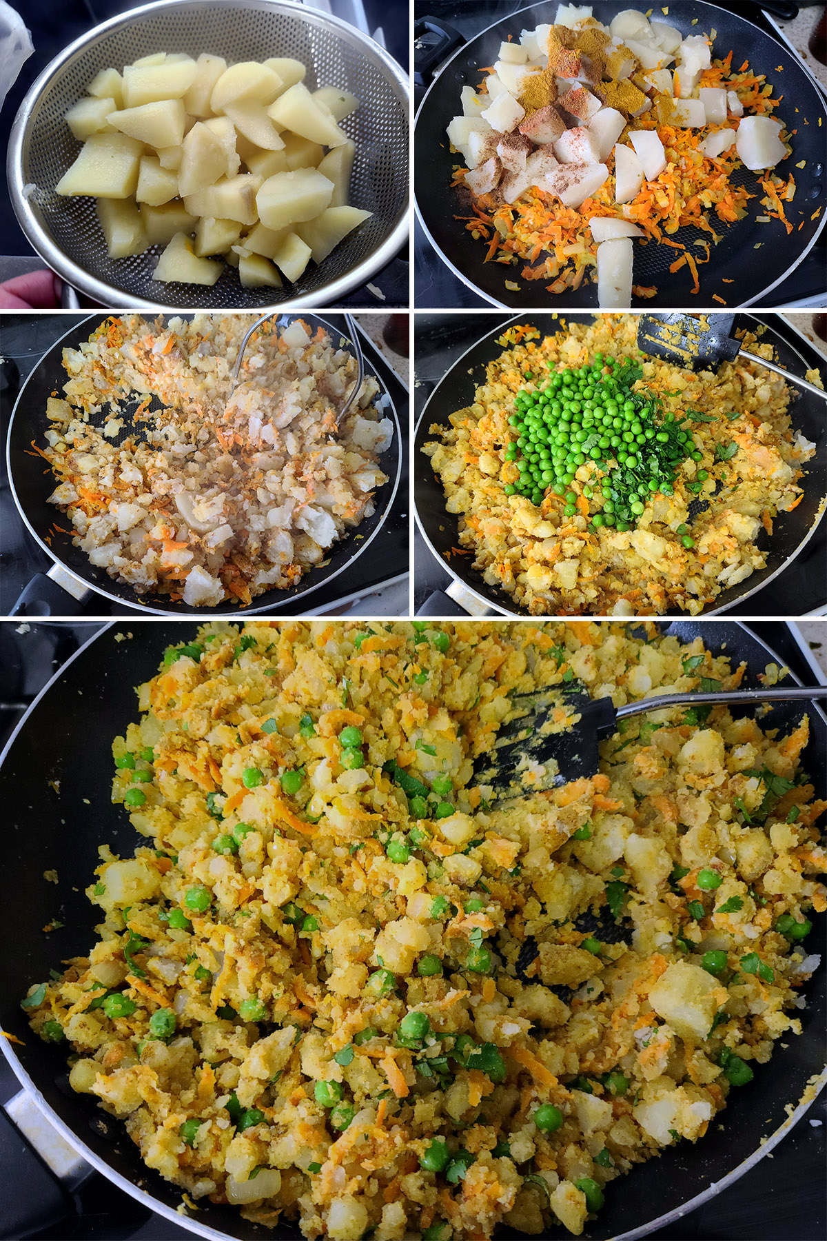A 5 part image showing potatoes, spices, and peas being added to the filling and mixed together.