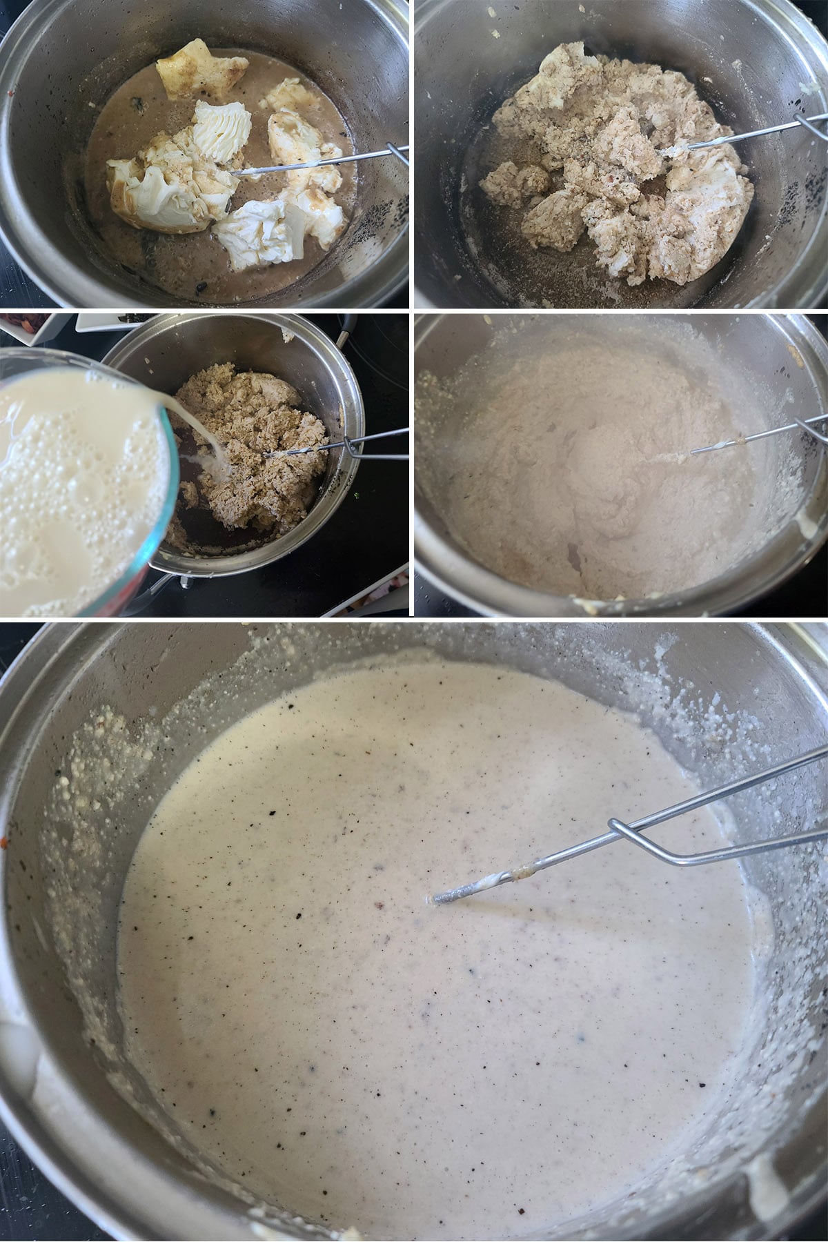 A 5 part image showing the cream cheese, mustard, and garlic being added to the roux to form a creamy sauce.