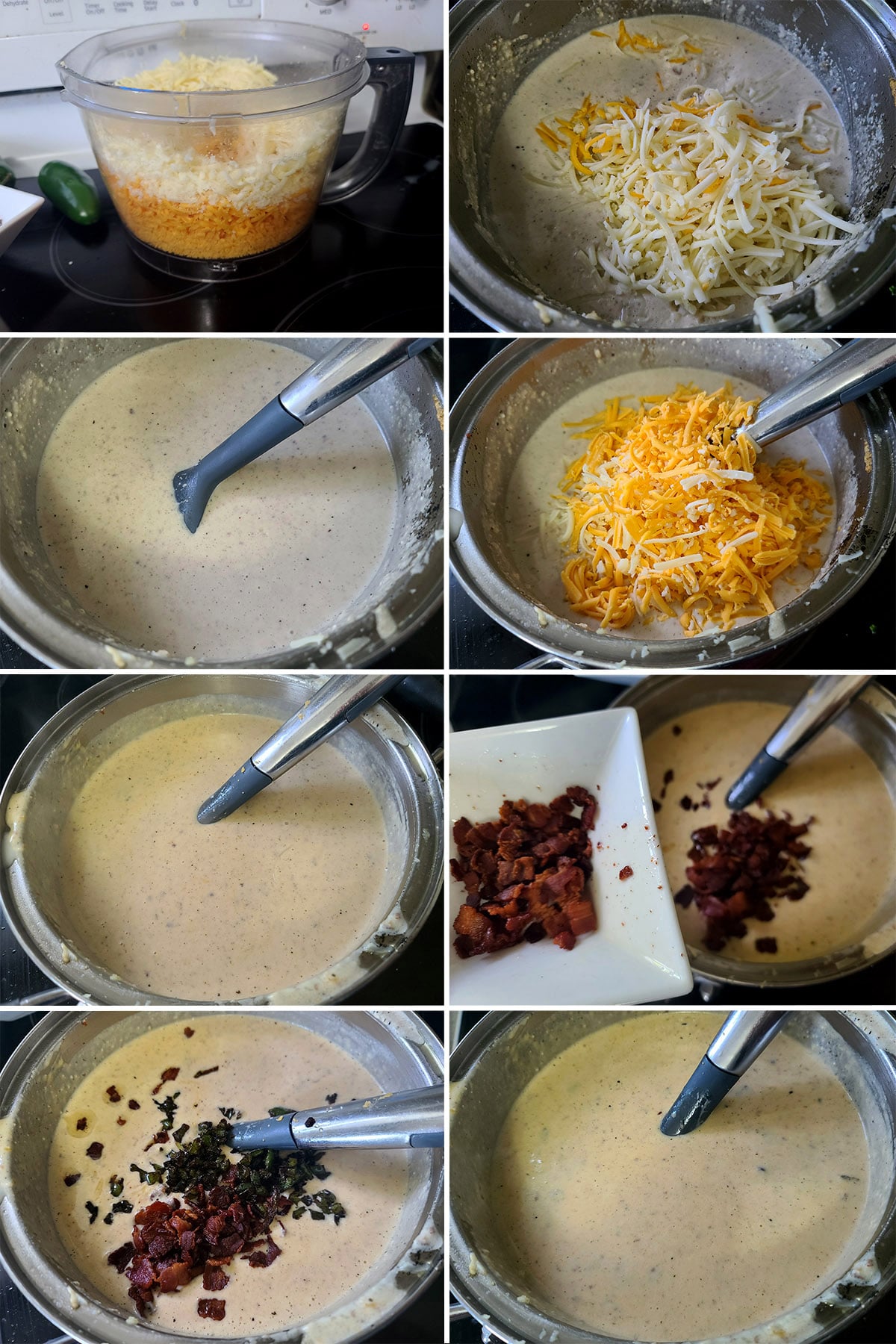 An 8 part image showing cheese being added to the sauce in batches, then the bacon and jalapenos being added to the pot.