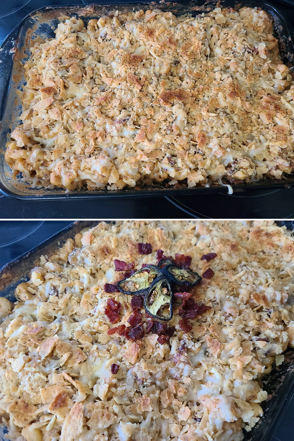 A 2 part image showing the broiled pan of mac and cheese, then topped with more bacon and jalapeno slices.