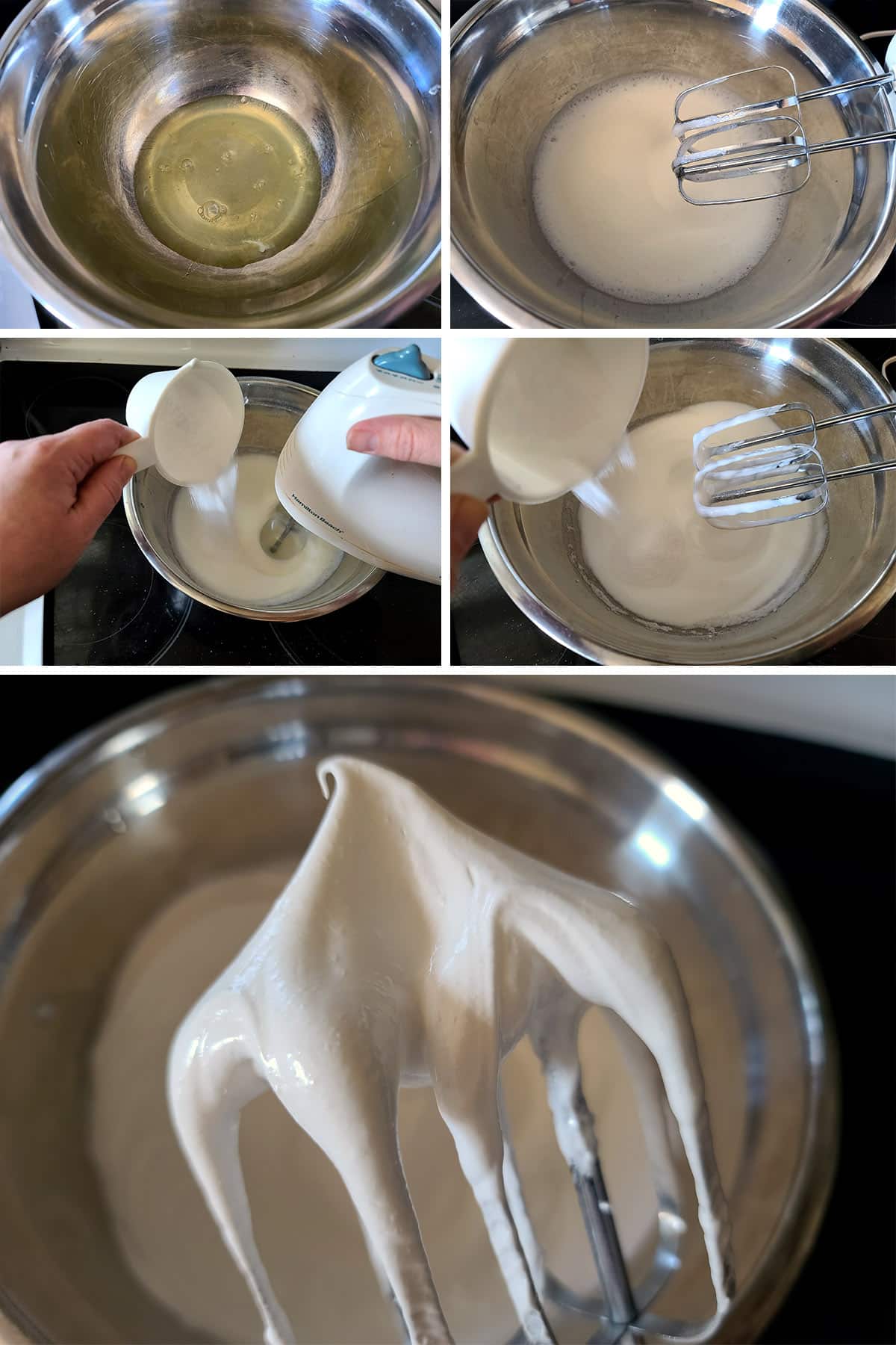 A 5 part image showing the pavlova meringue mixture being made.