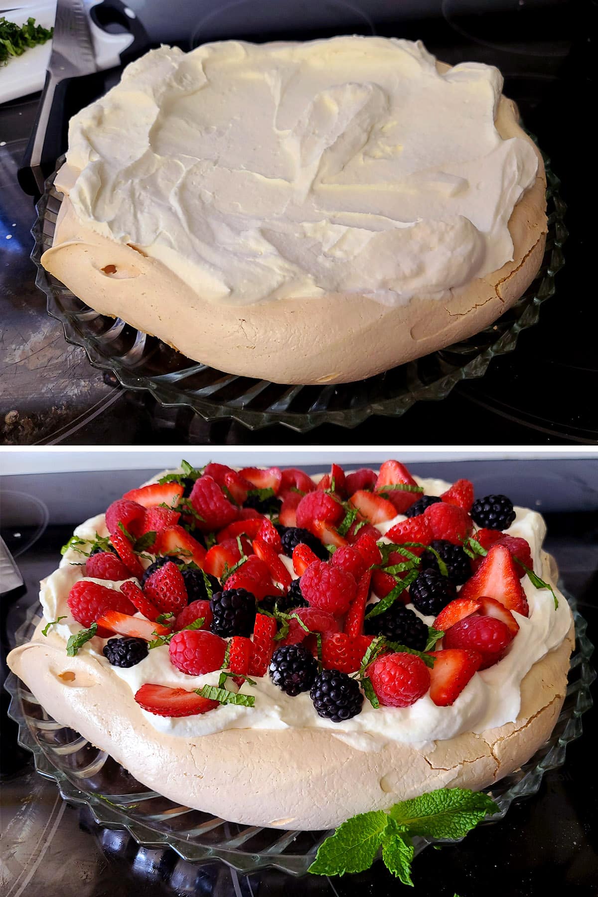 A 2 part image showing the meringue being spread with whipped cream then topped with berries.