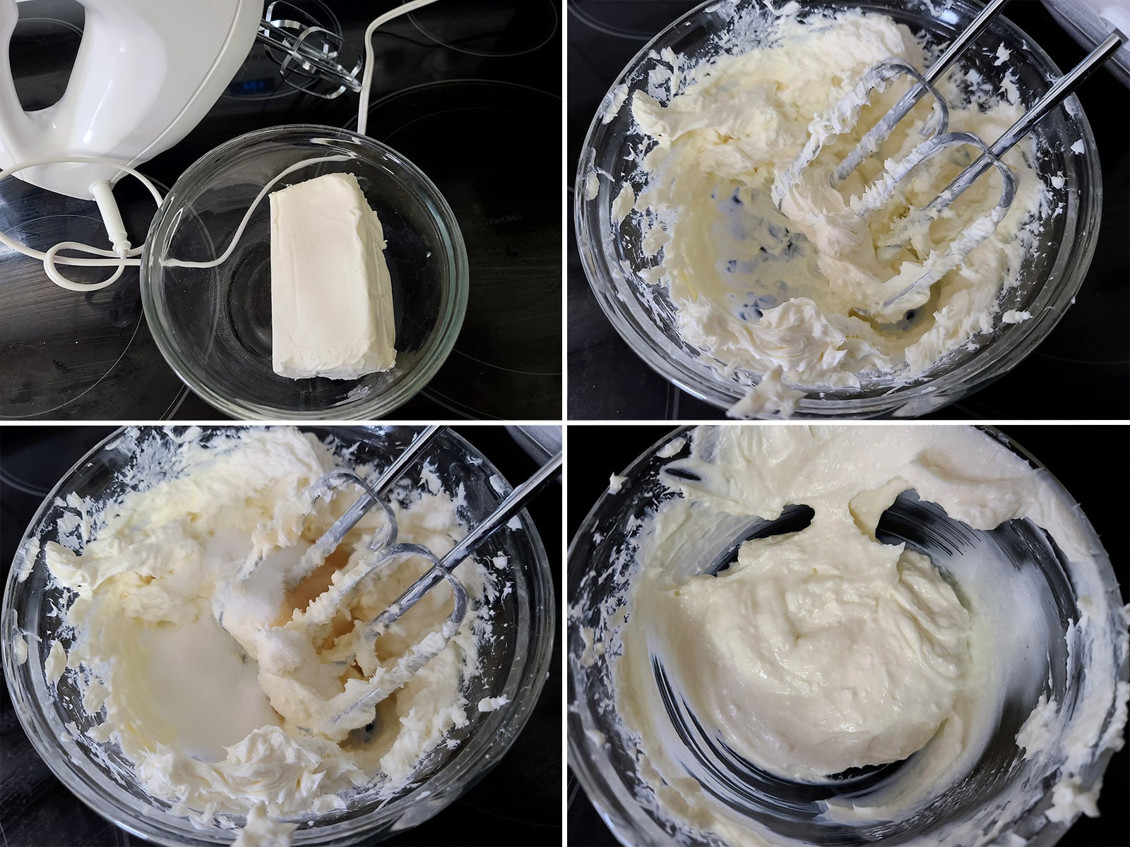 A 4 part image showing the cream cheese filling being made.