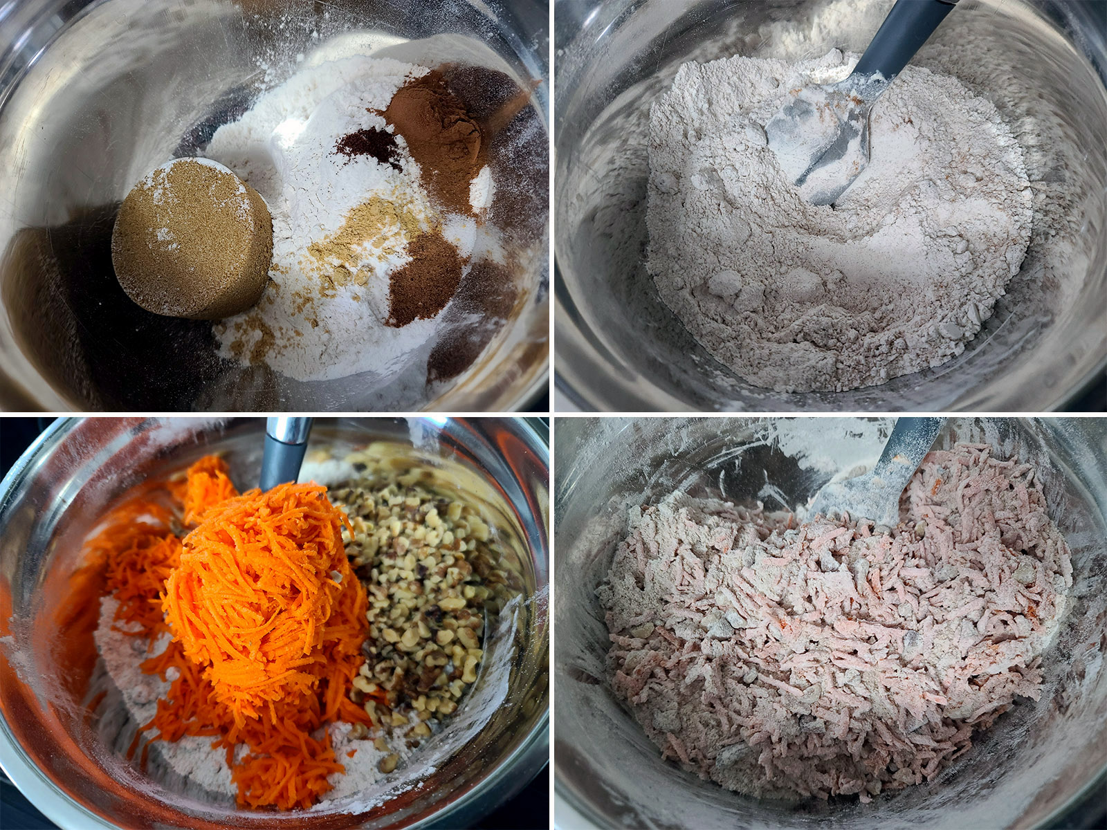 A 4 part image showing the dry ingredients being mixed together, and the carrot and nuts added to it.