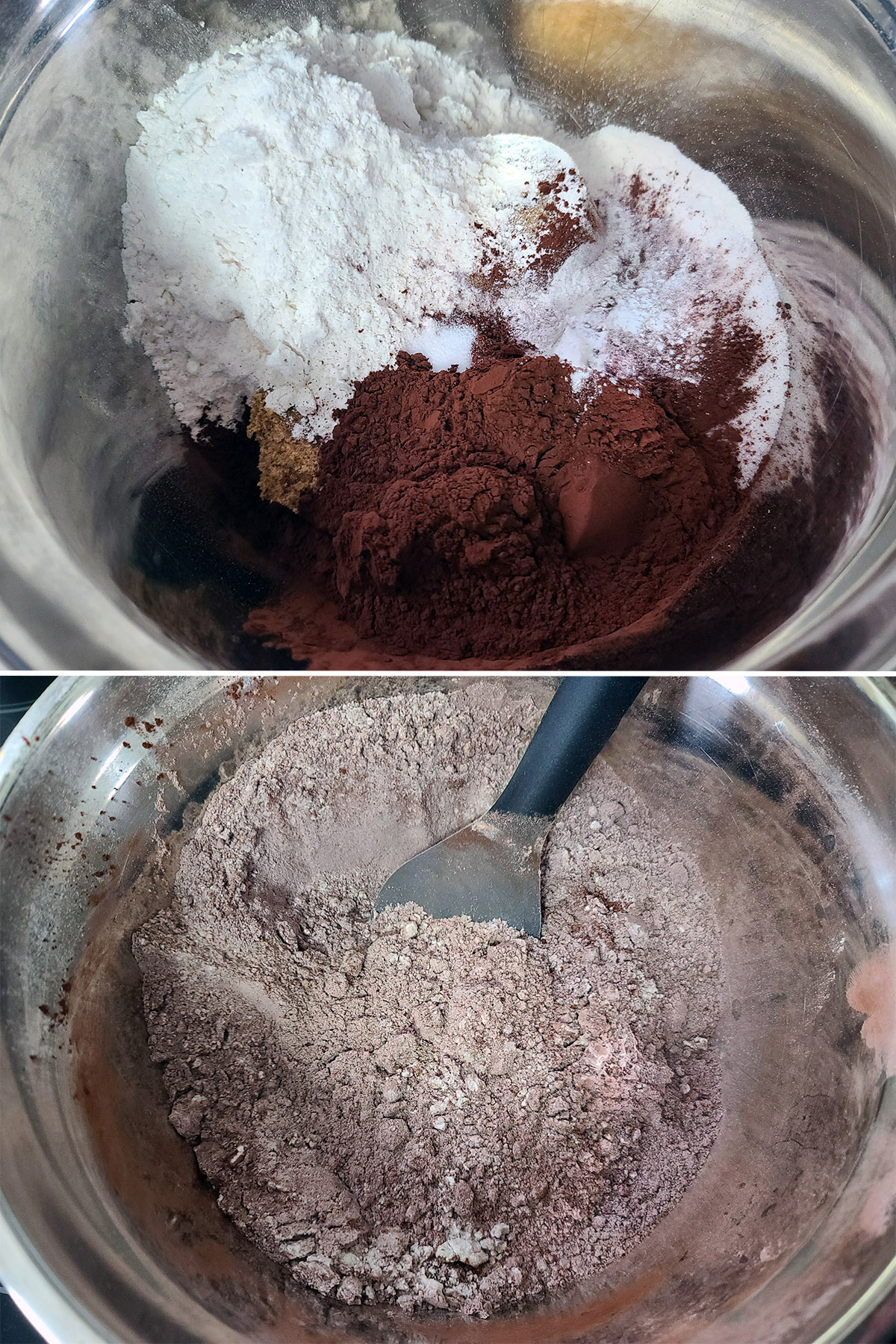 A 2 part image showing the dry ingredients being mixed together in a bowl.