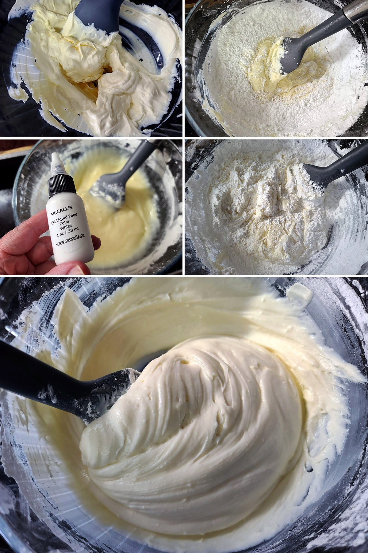 A 5 part image showing the cream cheese frosting being made.