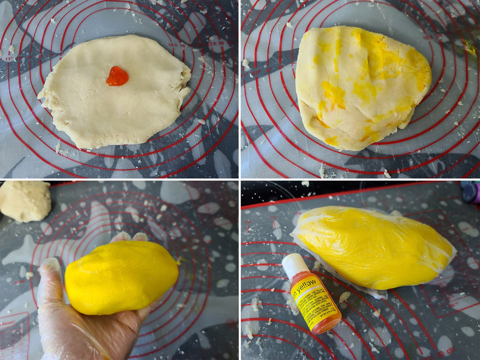 A 4 part image showing yellow food colouring being added to the cookie dough and mixed in.