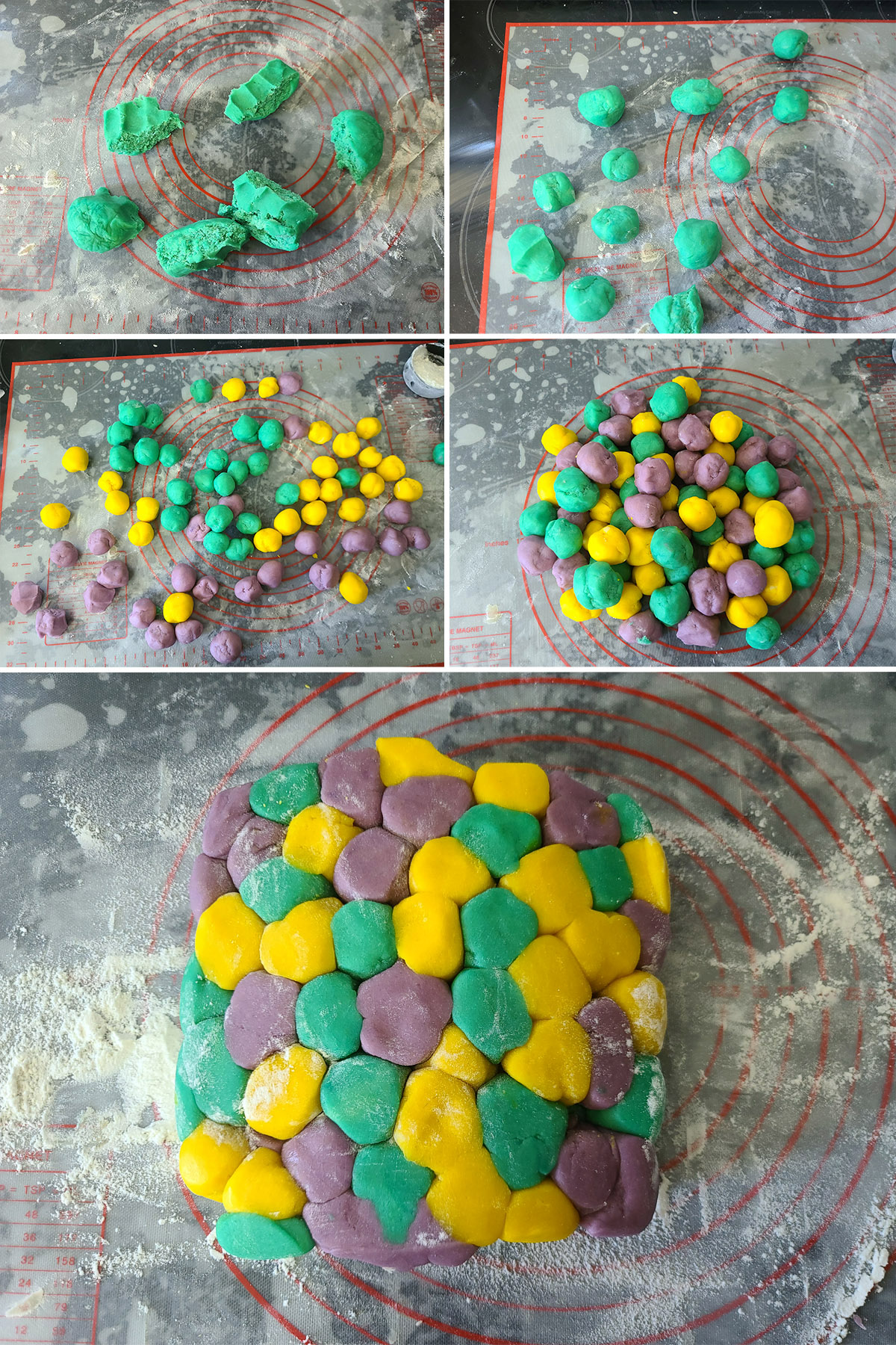 A 5 part image showing the coloured dough being rolled into small balls, mixed together, and gathered in a big lump.