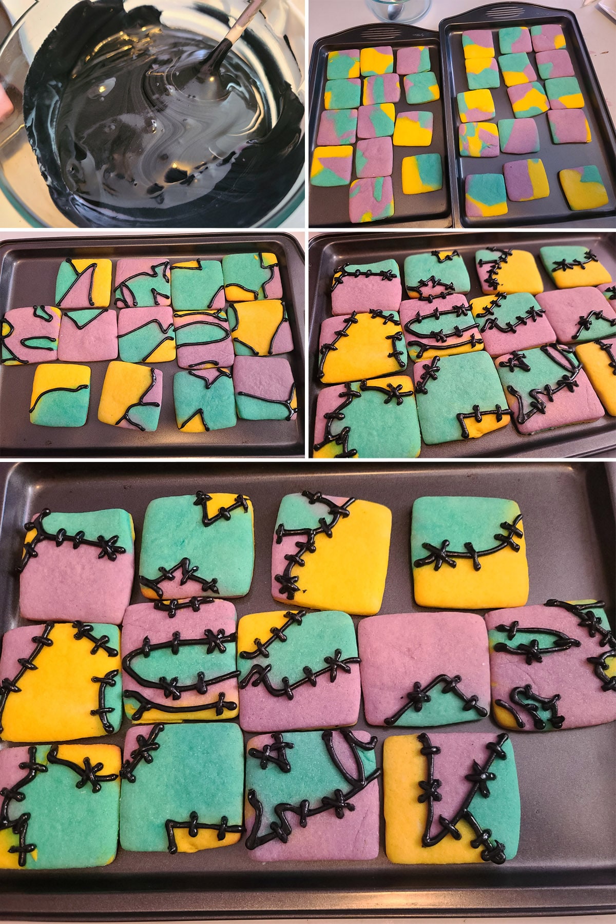 A 5 part image showing the black colour added to the royal icing and used to pipe stitches on the patchwork cookies.