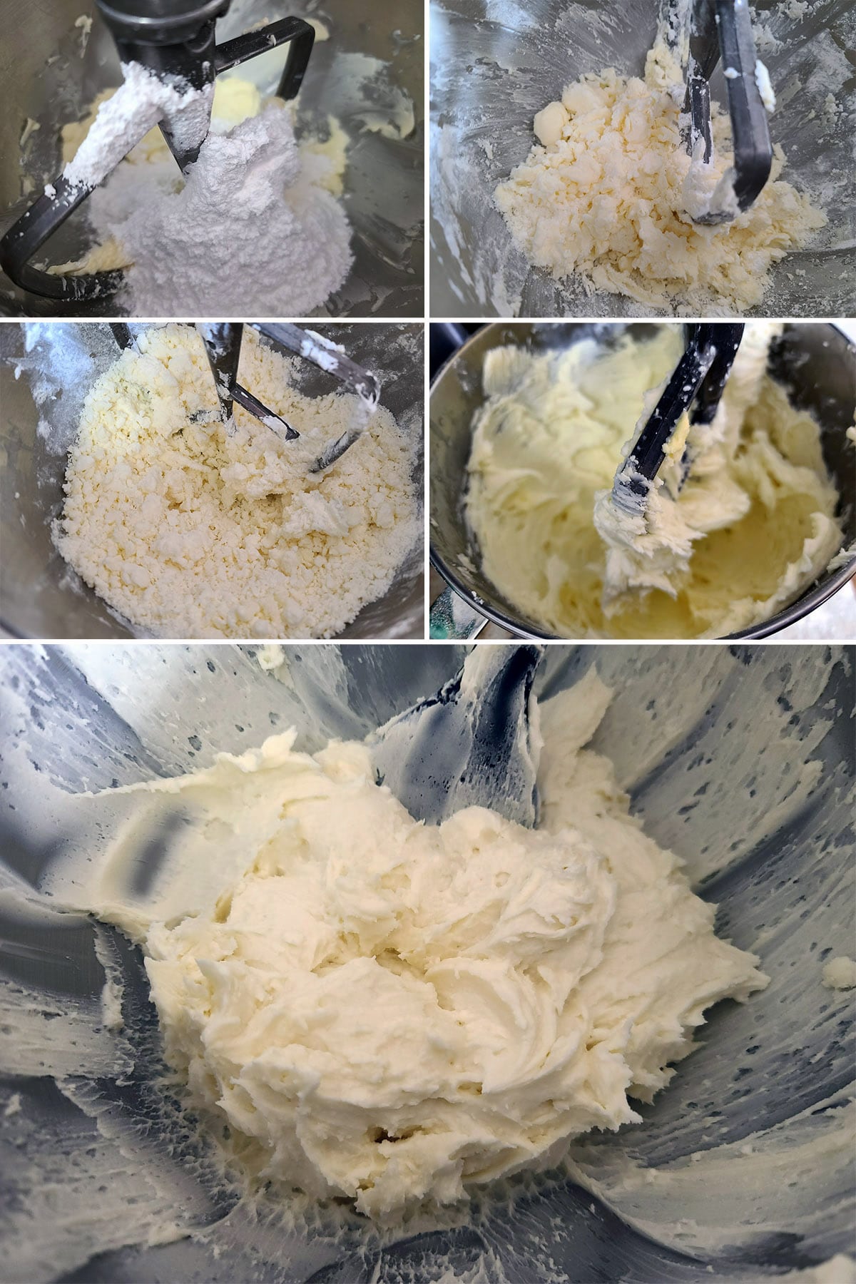 A 5 part image showing the frosting being made.