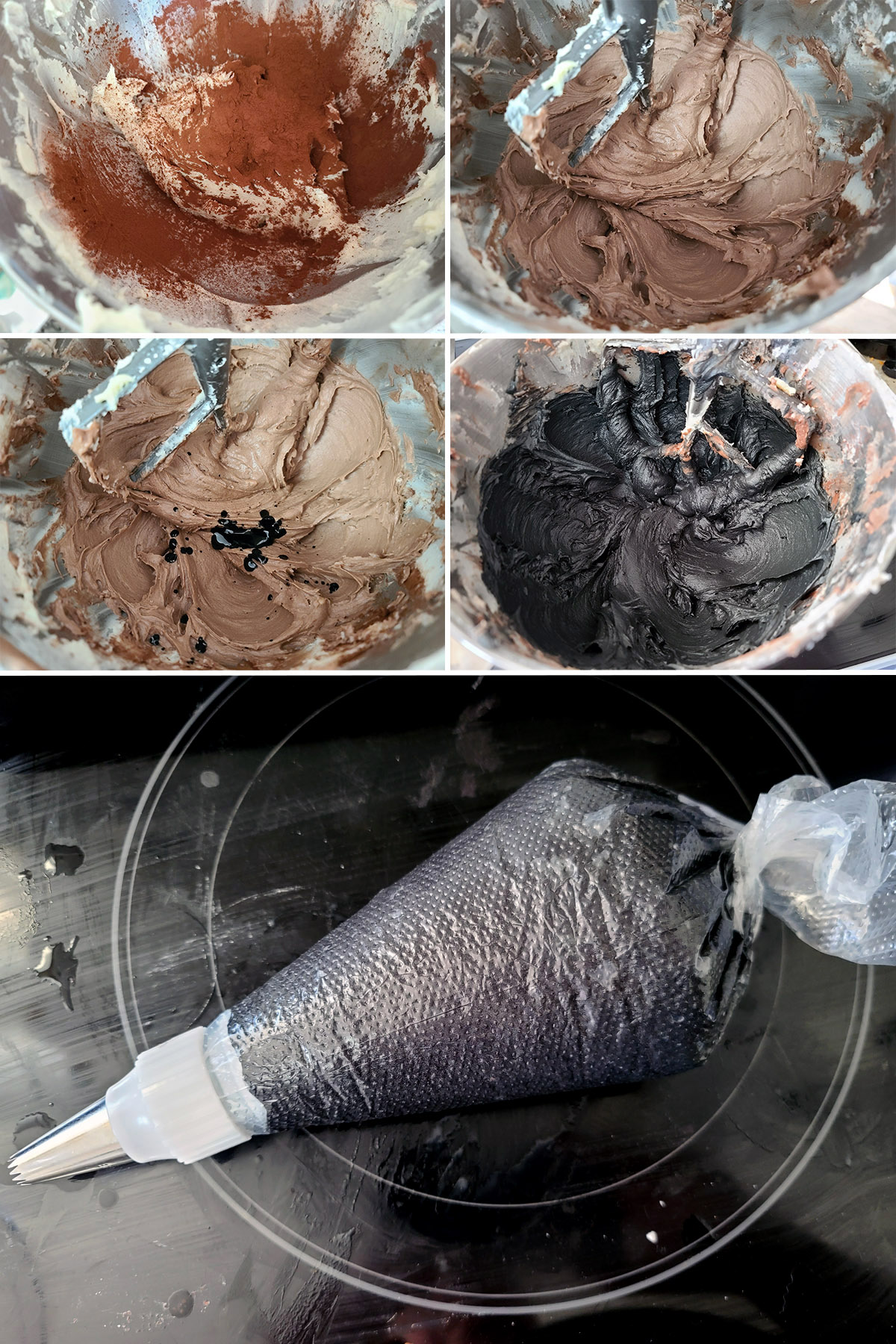 A 5 part image showing cocoa and black food coloring being added to the frosting.