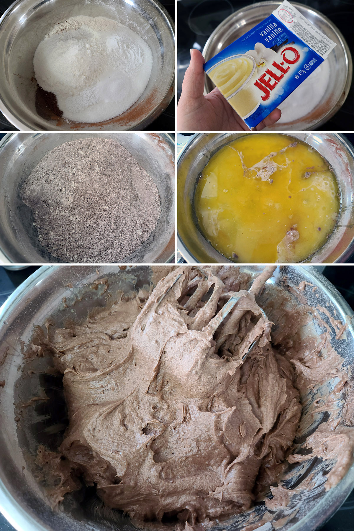 A 5 part image showing the cupcake batter being mixed together. It’s a light brown color.