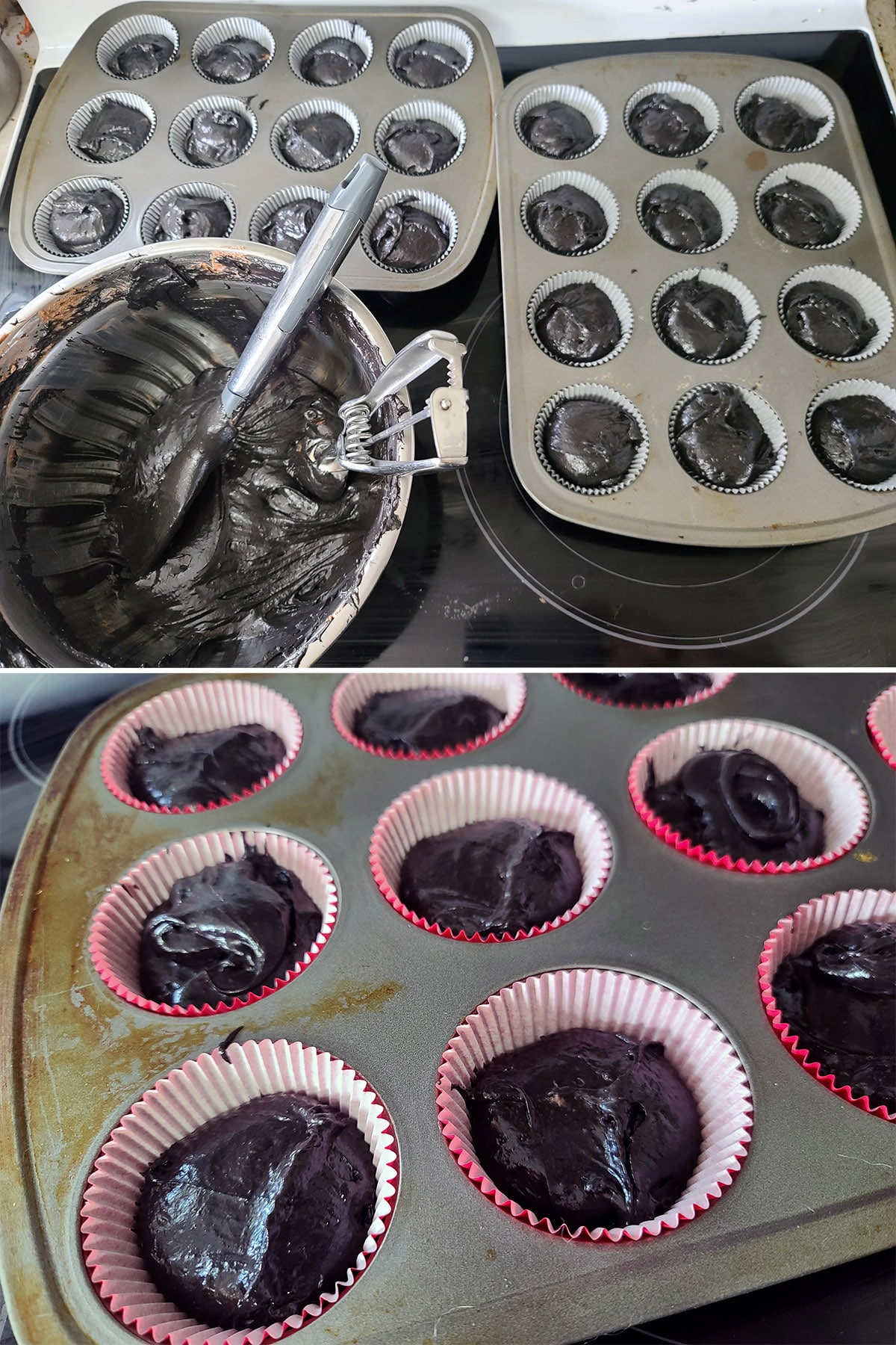A 2 part image showing the black velvet cupcake batter being scooped into muffin pans lined with paper liners.