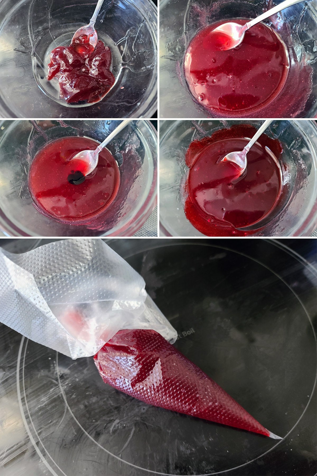 A 5 part image showing the jam "blood" being mixed and put in a disposable piping bag.