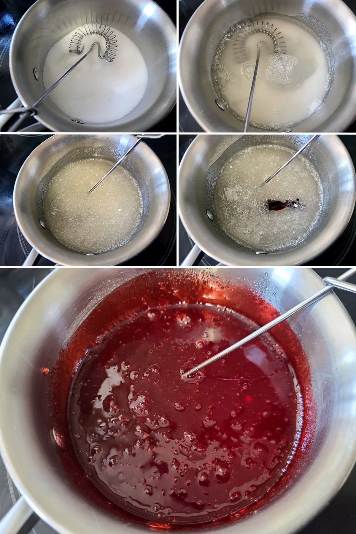 A 5 part image showing the lychee pancake syrup being made and dyed red.