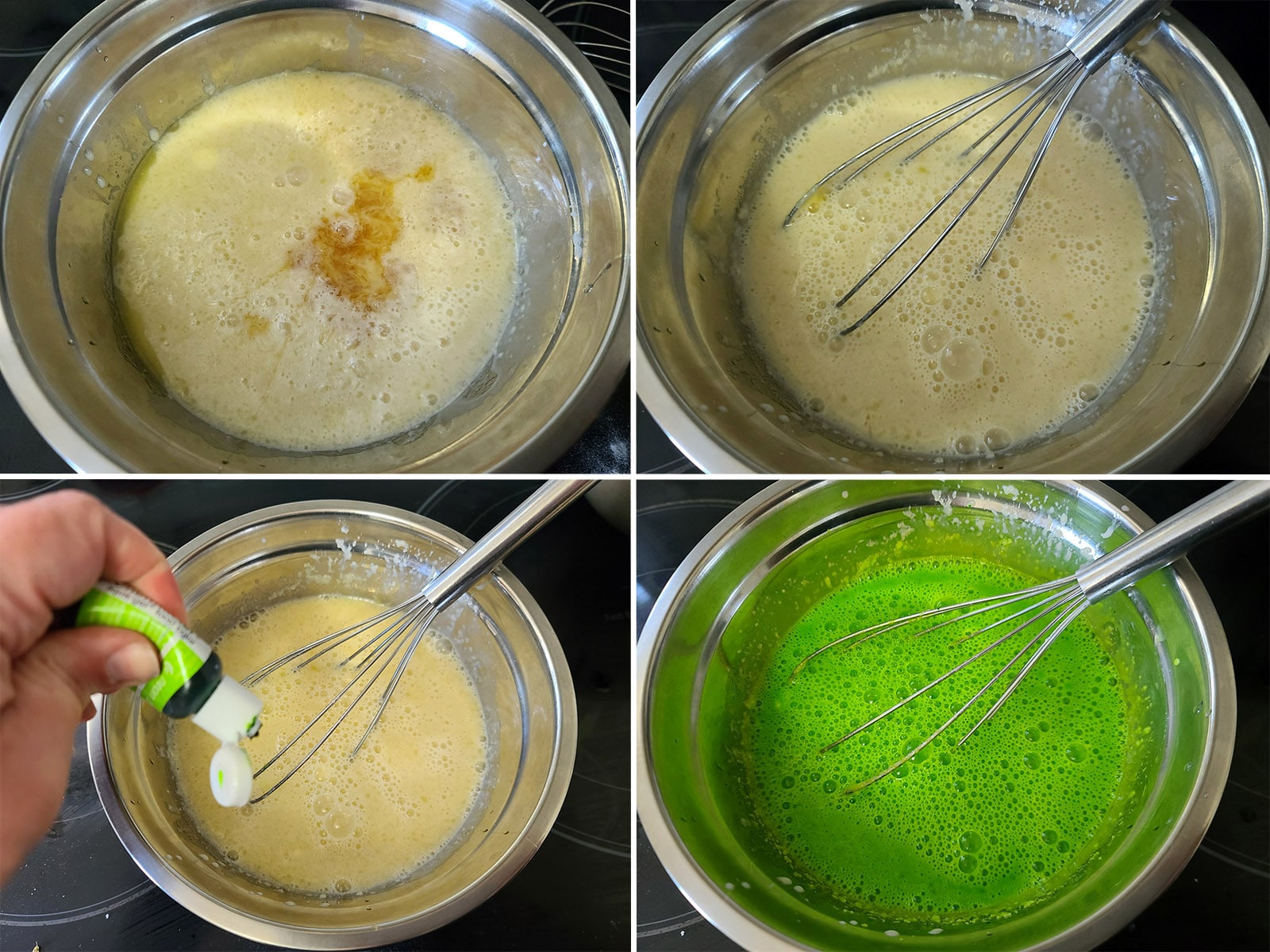 A 4 part image showing the wet ingredients being mixed and dyed bright neon green.