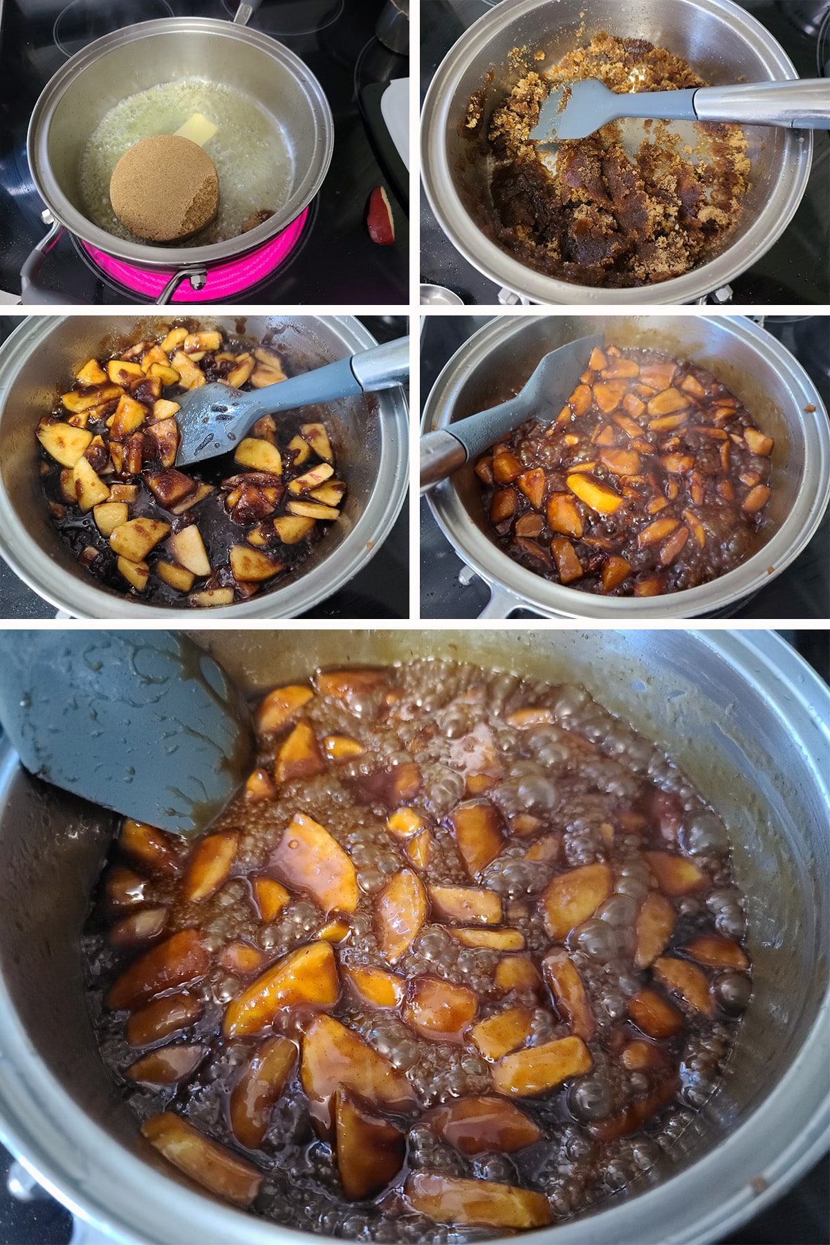 A 5 part image showing the caramel apple topping being made in a pot.