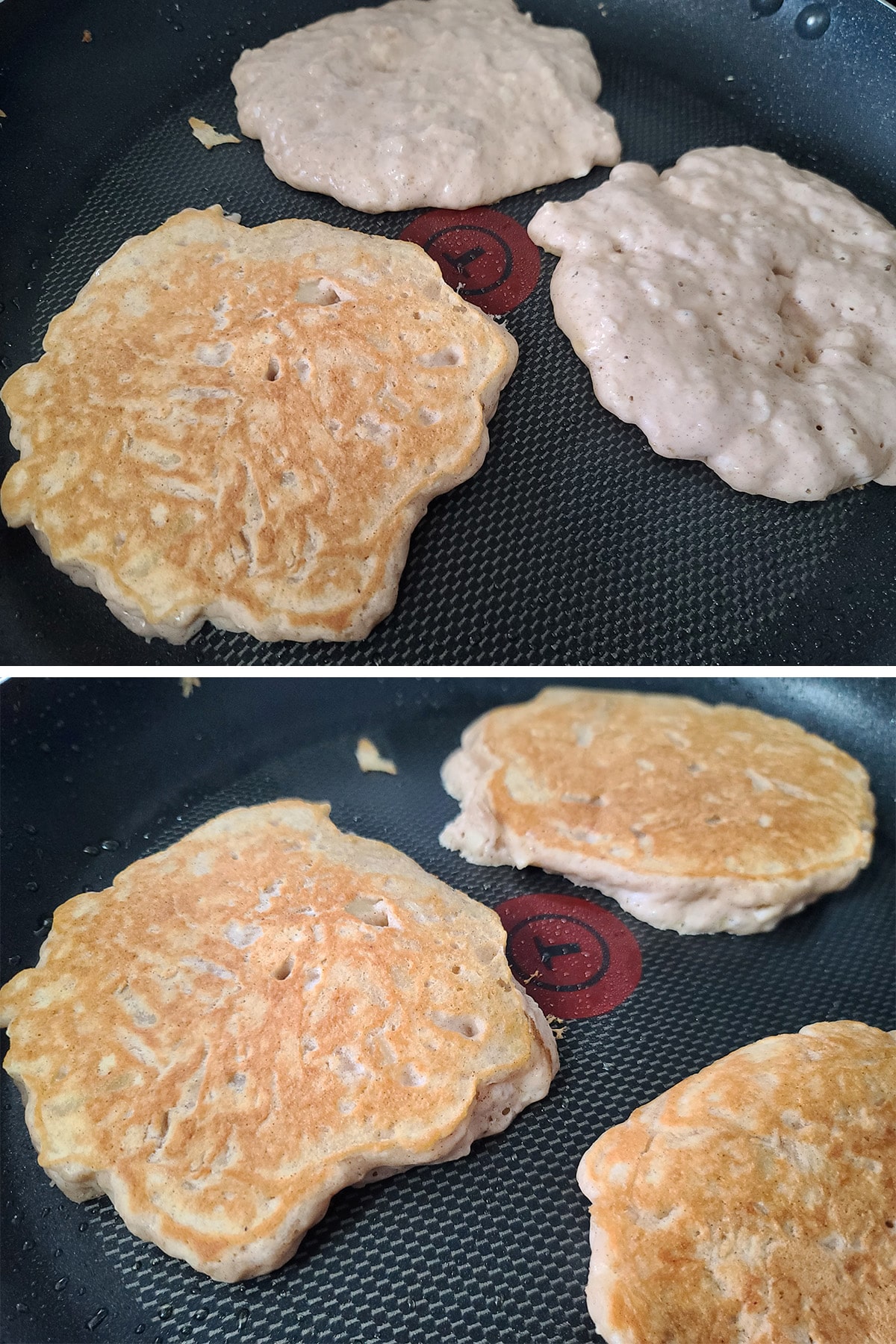 A 2 part image showing the apple pancakes being cooked on a skillet.