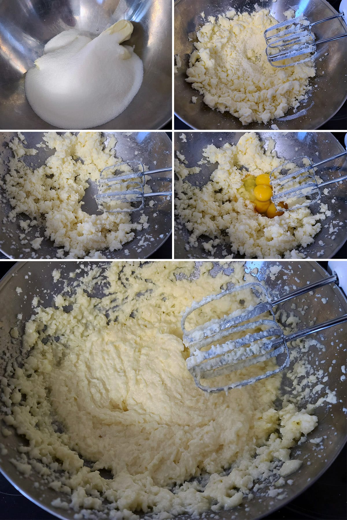 A 5 part image showing the butter and sugar being creamed together, and the other wet ingredients beaten in.